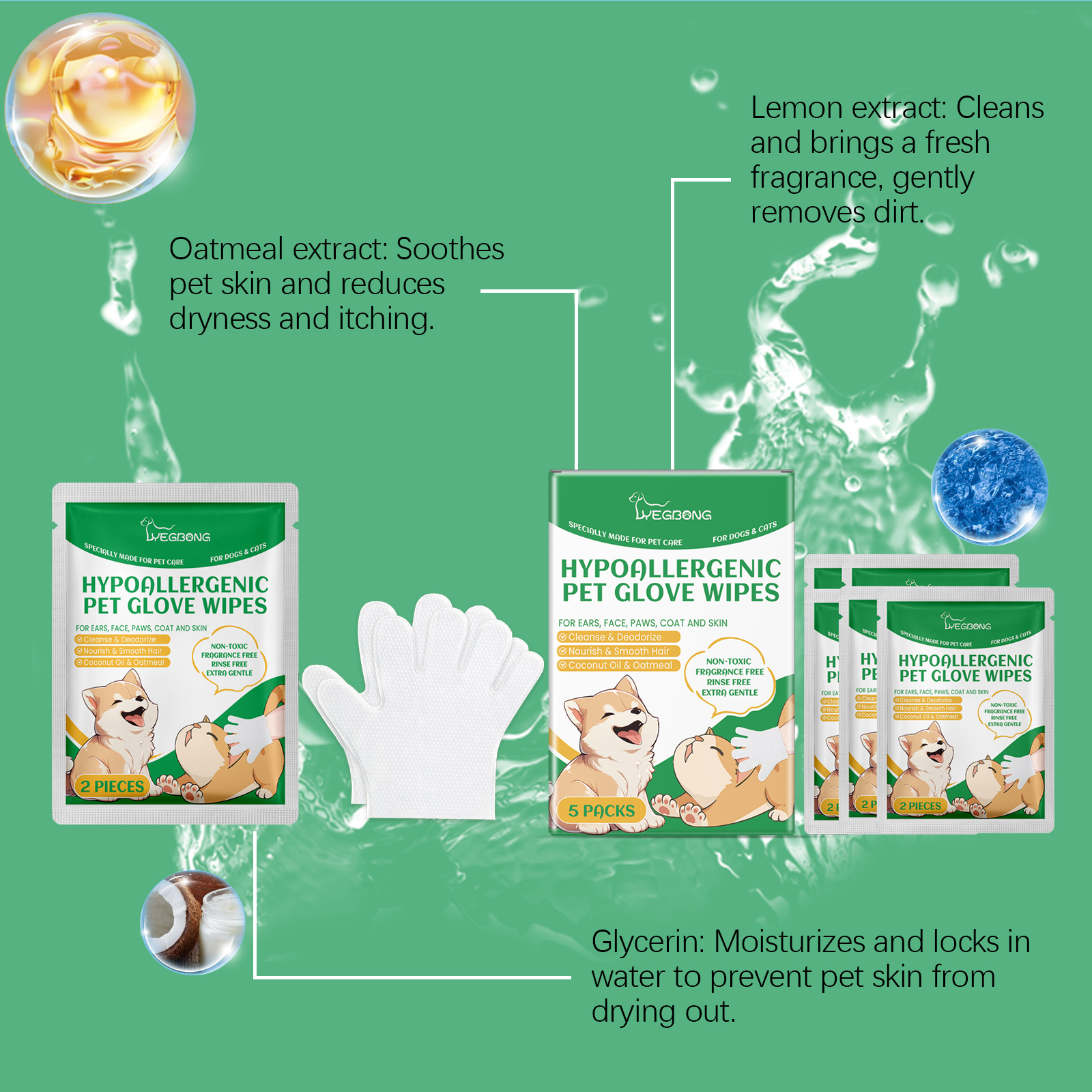 Pet glove packets showing oatmeal lemon and glycerin