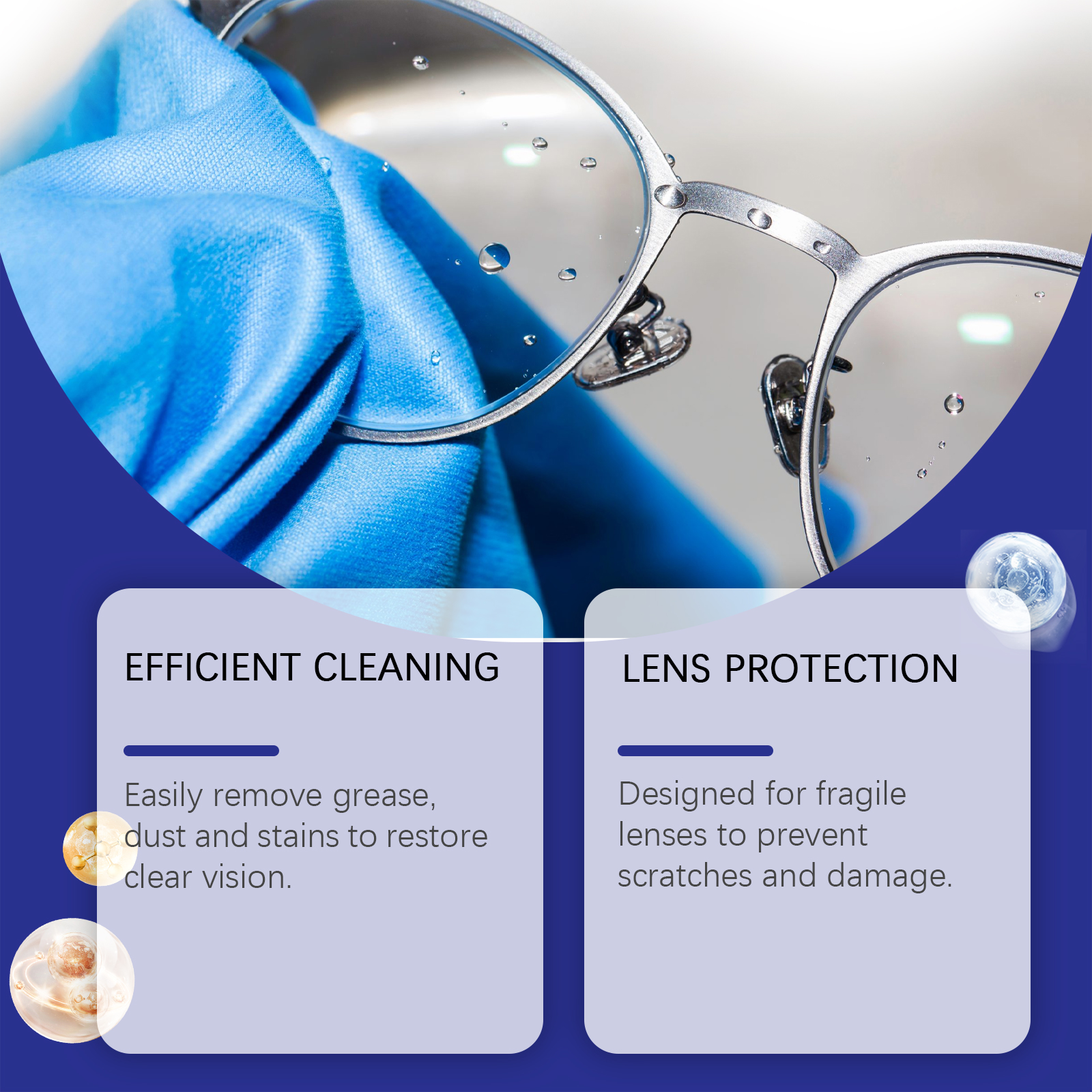 Eyeglasses being wiped with blue lens cleaning cloth