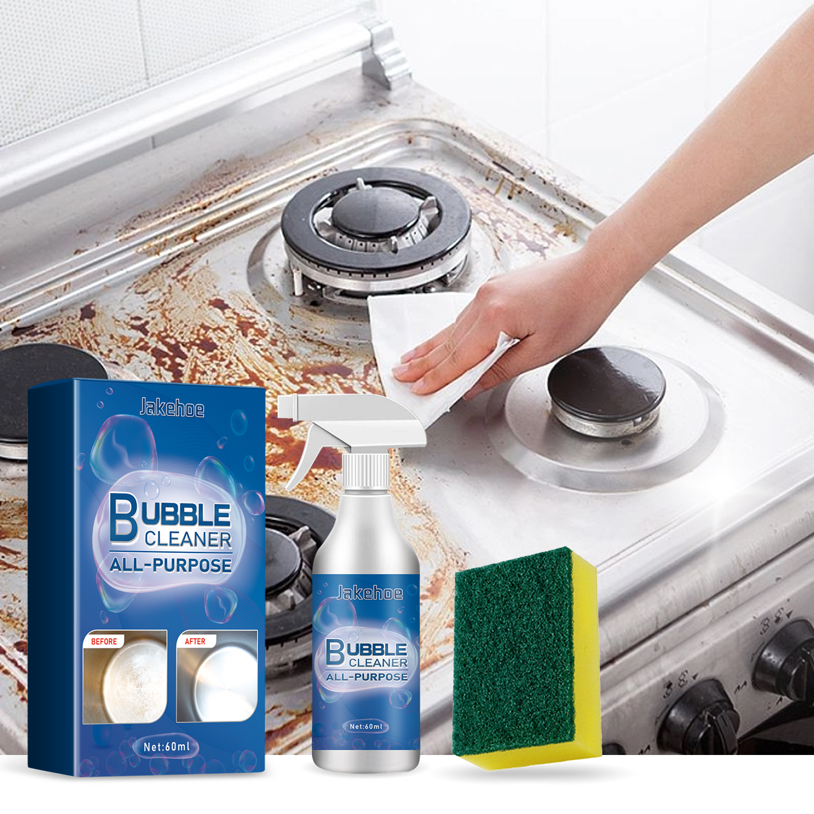 Foam spray applied to greasy household surface