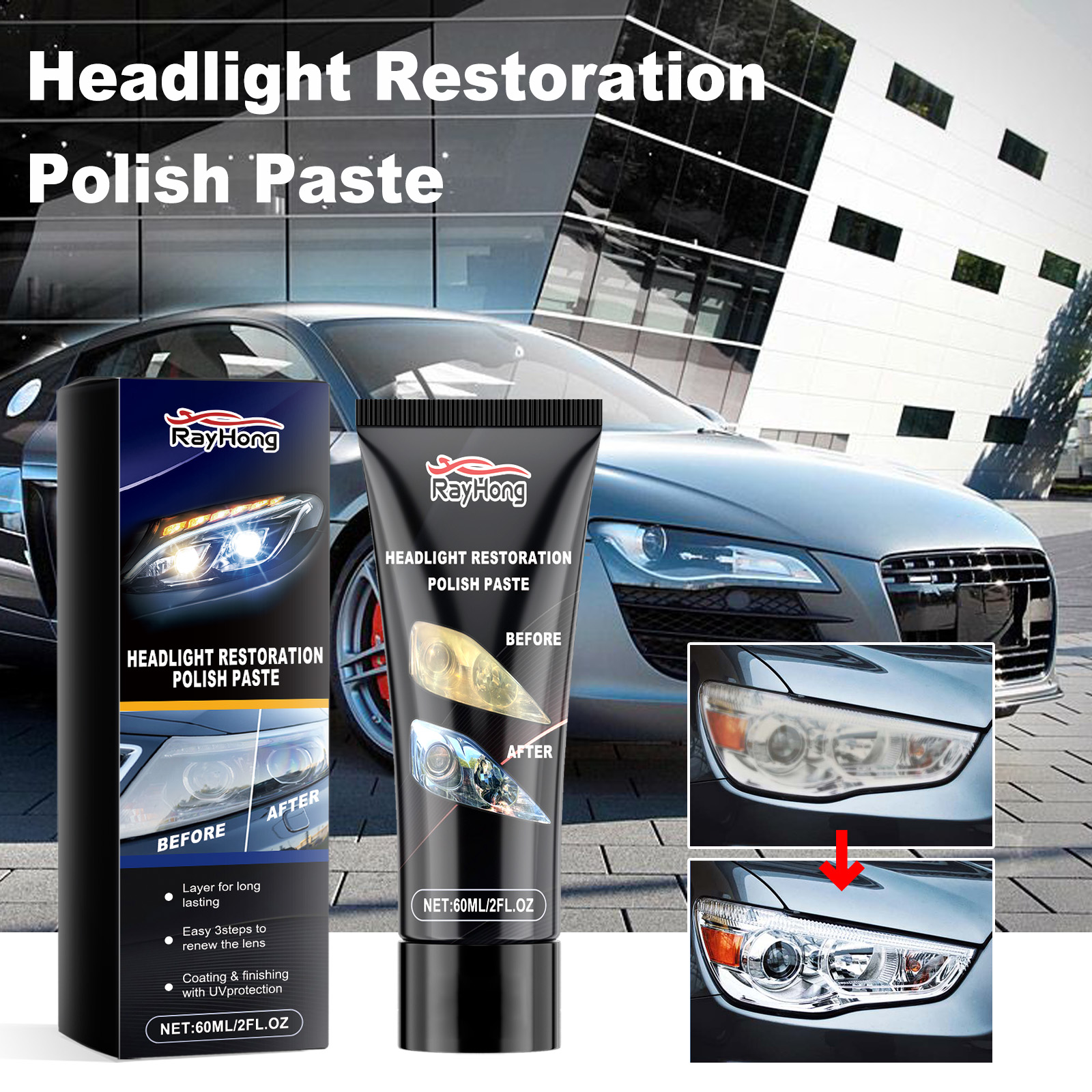 Headlight polish beside car with cloudy lens comparison