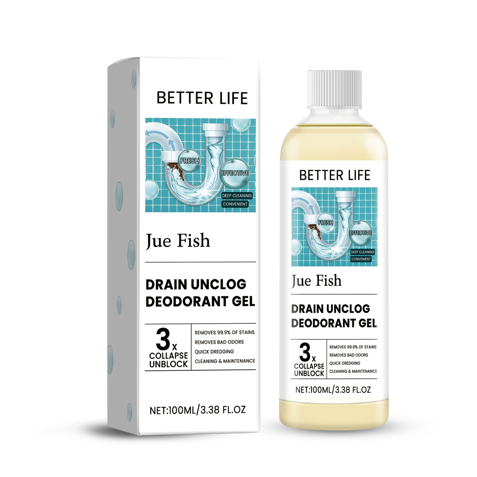 Close view of drain gel bottle and printed box