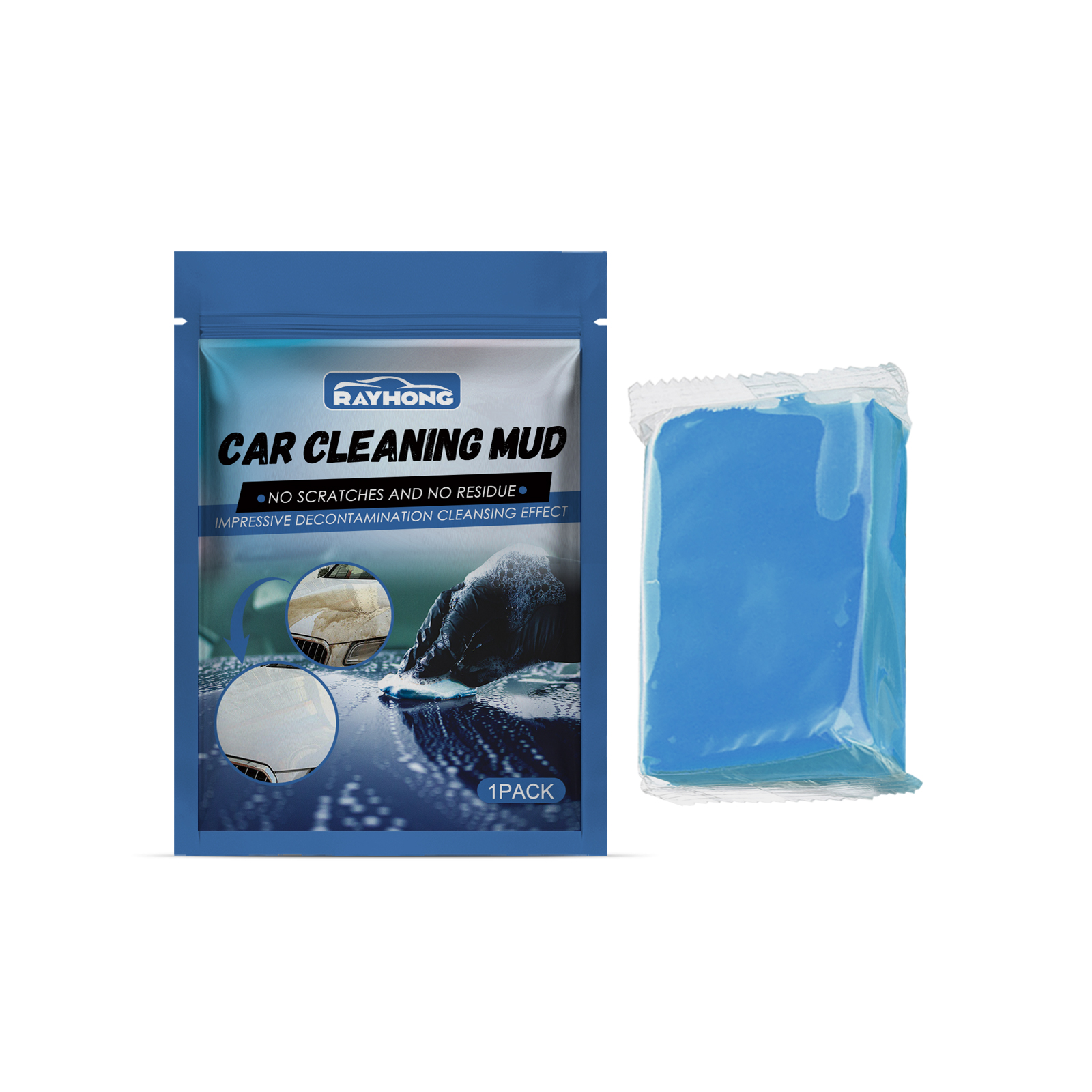 Blue pliable clay block beside its automotive package