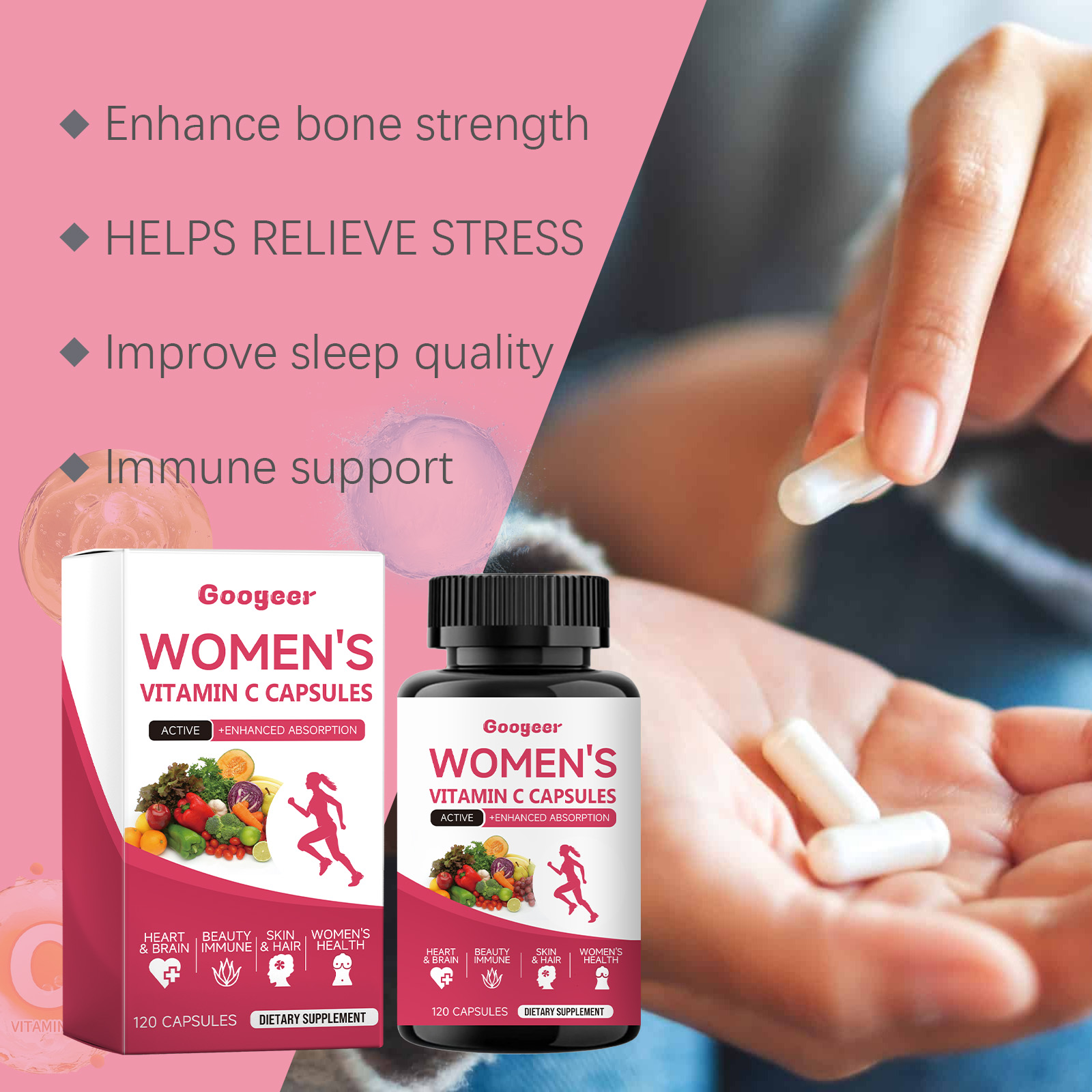 Close-up of capsules beside Vitamin C wellness packaging