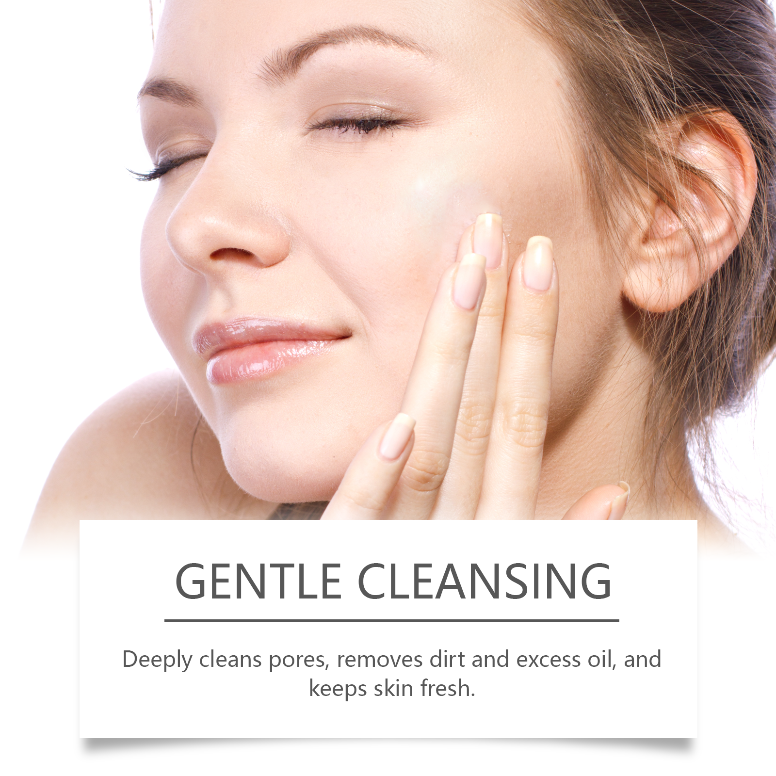 Woman touching smooth skin after gentle cleansing
