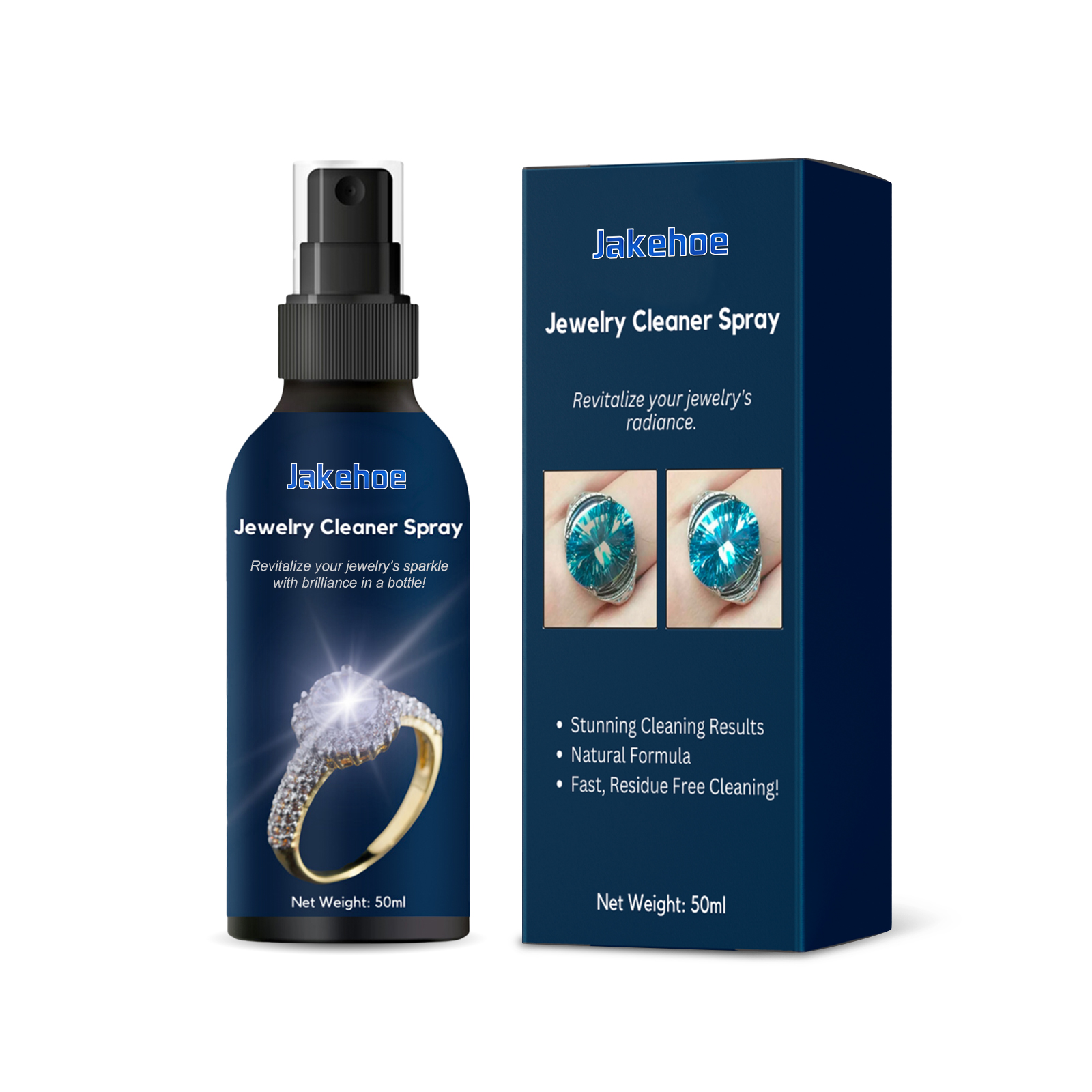 Navy 50ml jewelry cleaner bottle with protective retail box