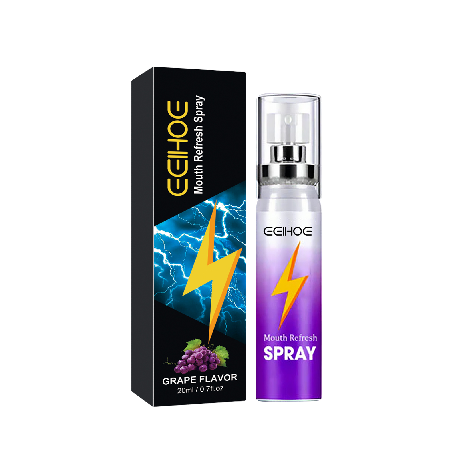 Front-facing purple mouth spray and retail box