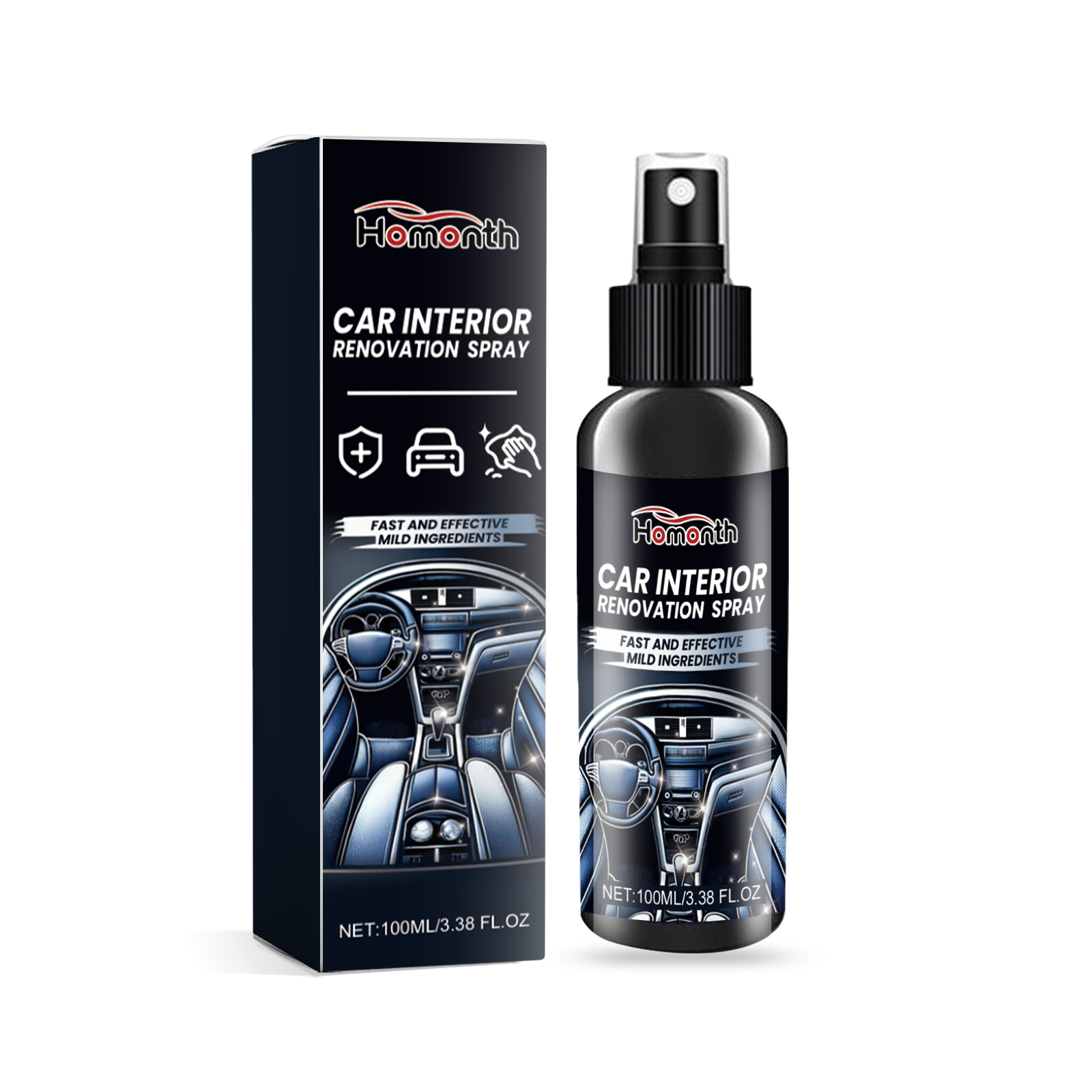 Black fine-mist automotive spray bottle and retail box