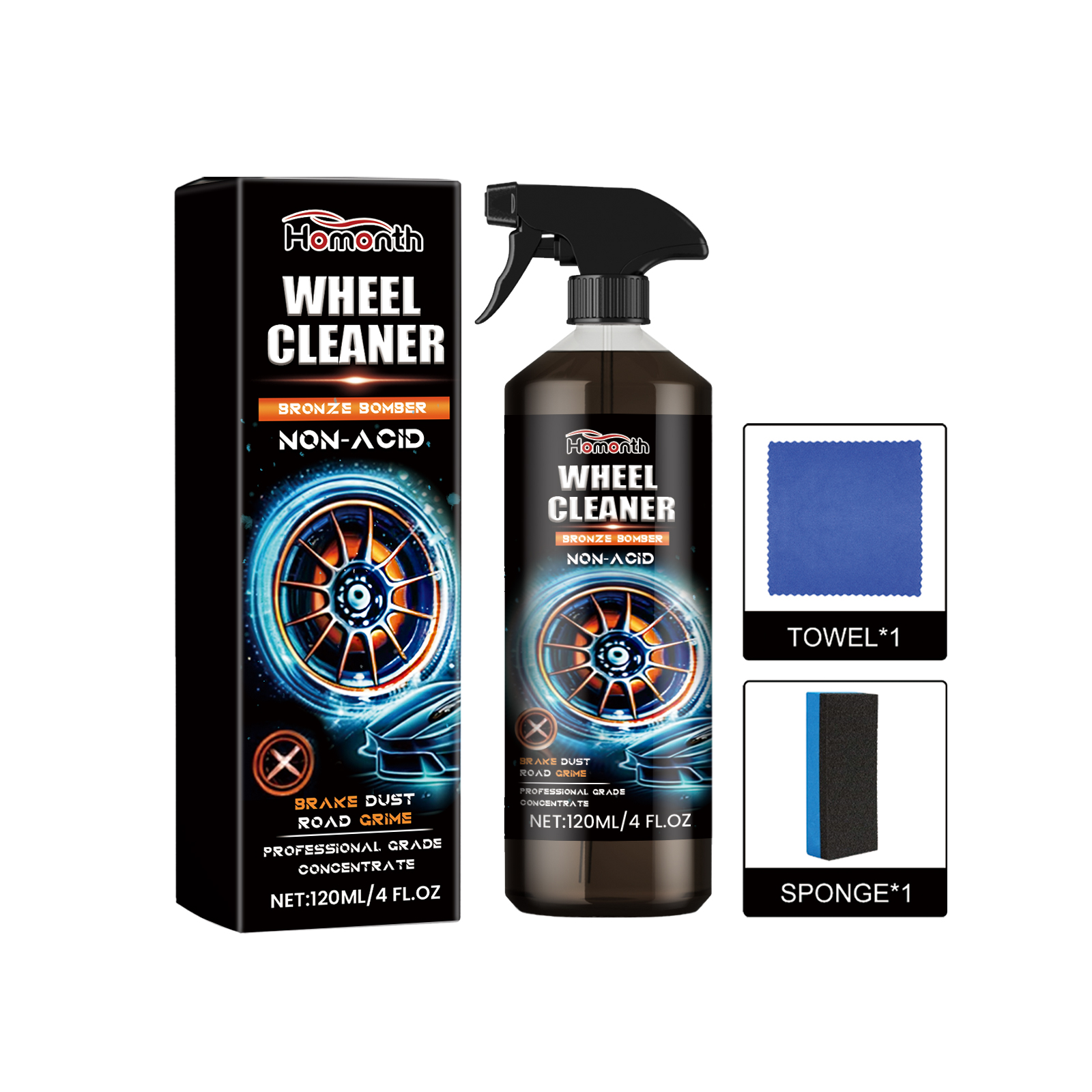 Wheel cleaner beside visibly dirty and clean alloy wheel
