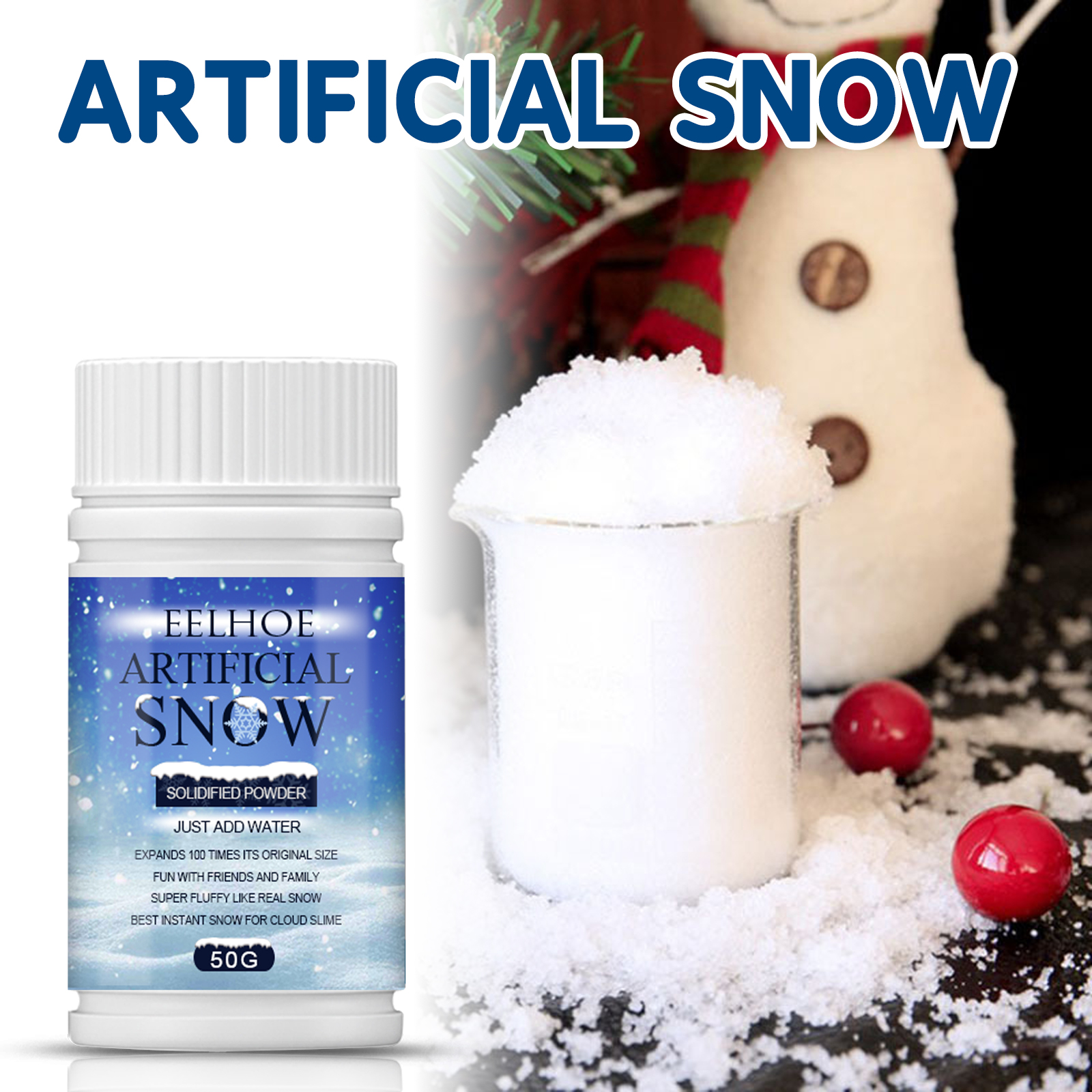 Fluffy artificial snow beside Christmas tabletop scene