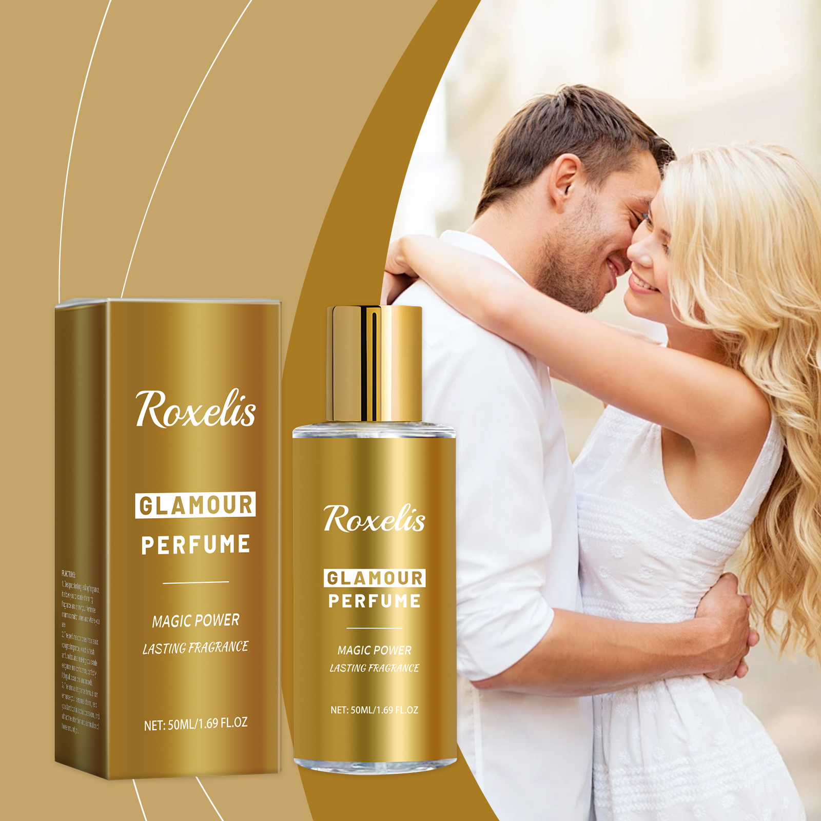 Gold Roxelis perfume beside couple enjoying romantic moment