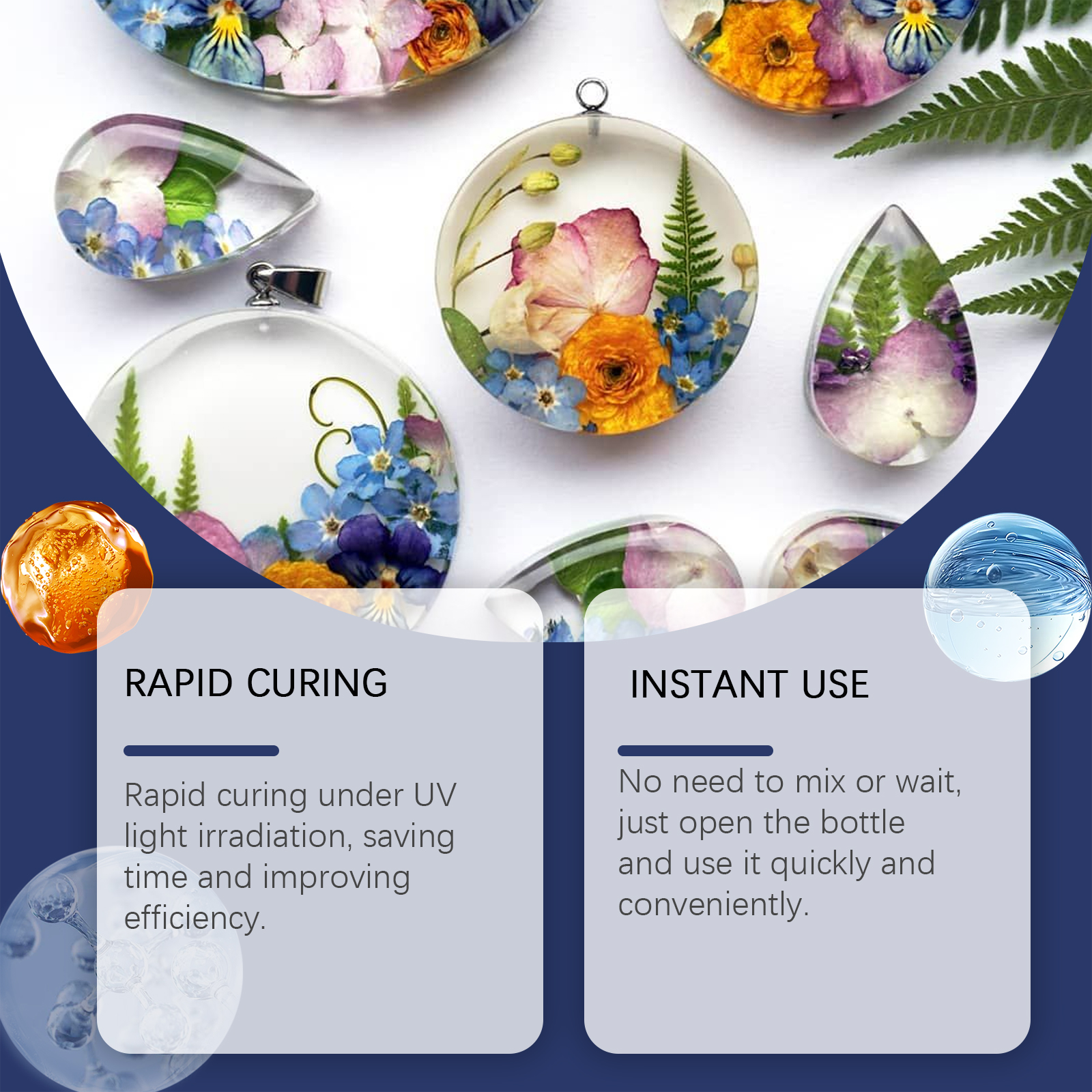 Floral resin jewelry with rapid curing message