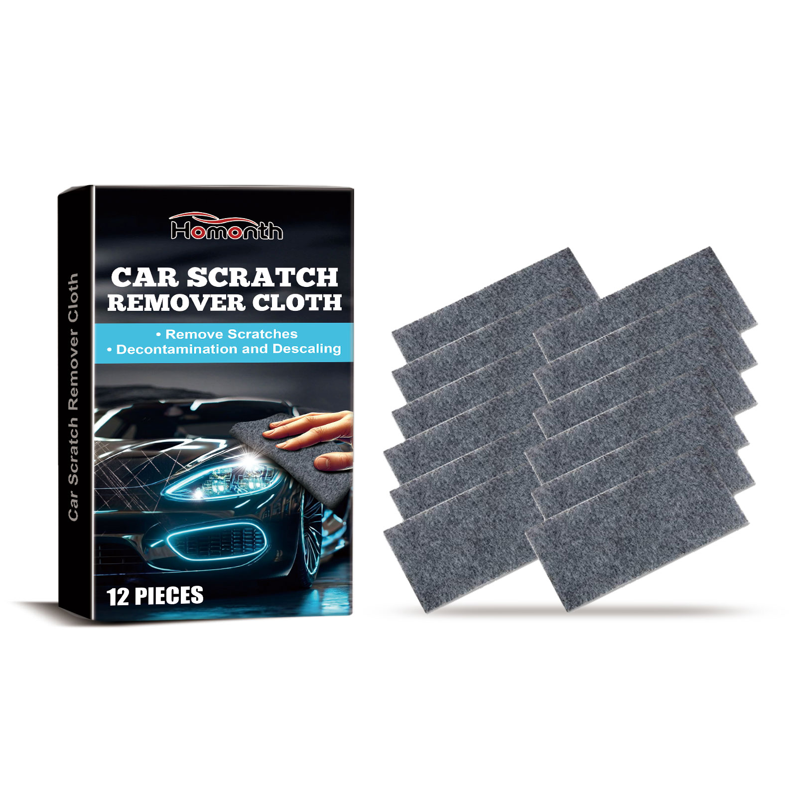 Compact gray polishing cloth set beside retail packaging