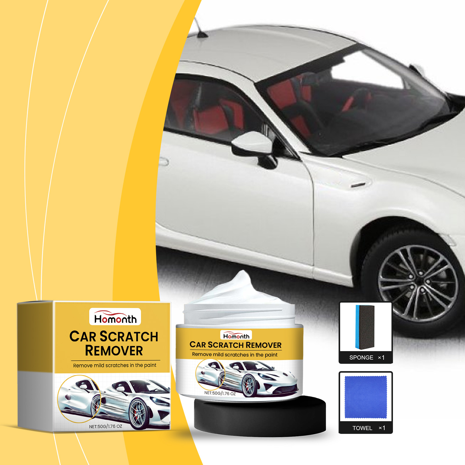 Scratch repair cream kit beside a clean white car