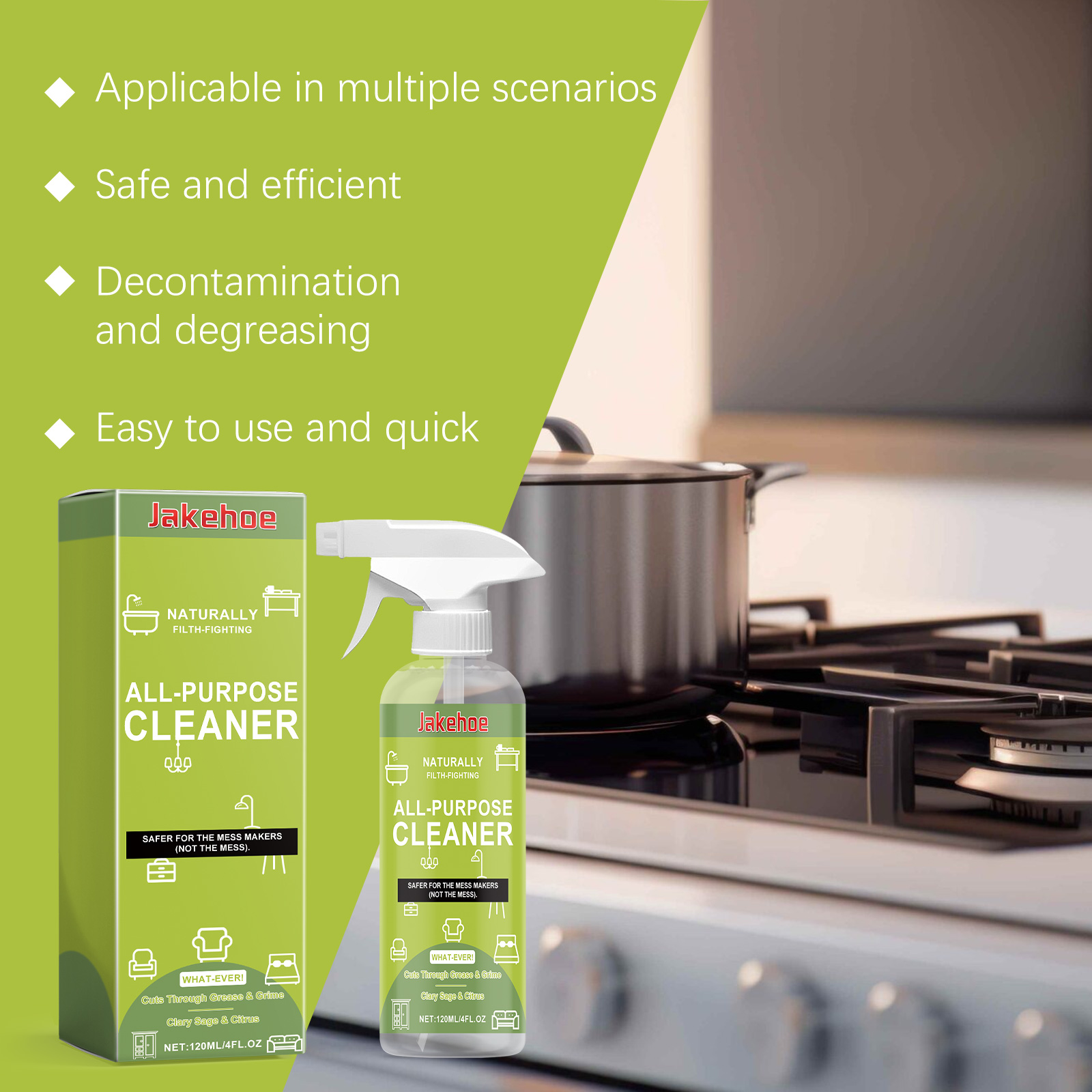 Transparent cleaner bottle with coordinated green carton