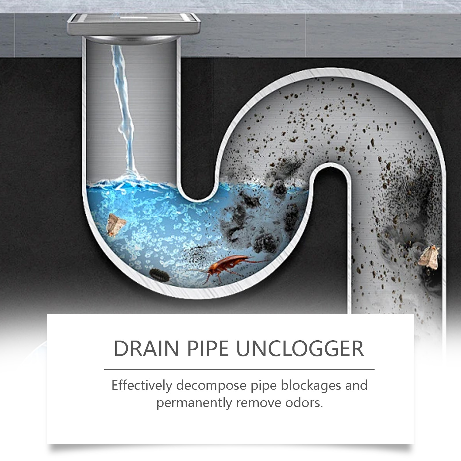Technical illustration of cleaner moving through blocked pipe