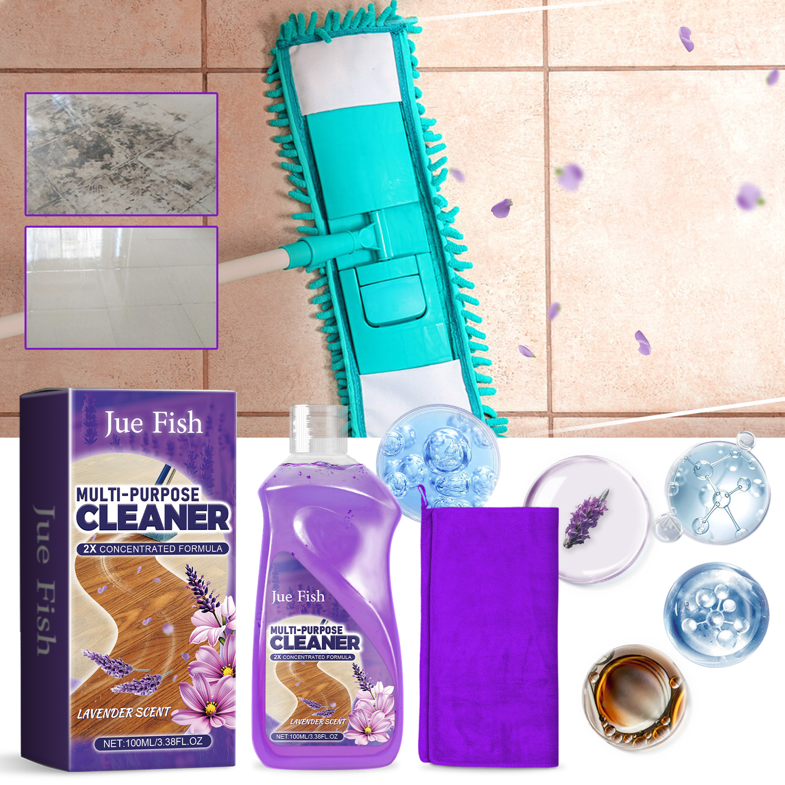 Purple cleaning cloth beside bathroom floor cleaner