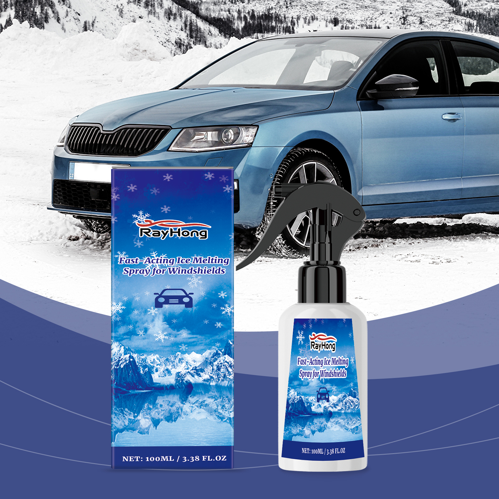 Deicing spray beside snowy vehicle in winter