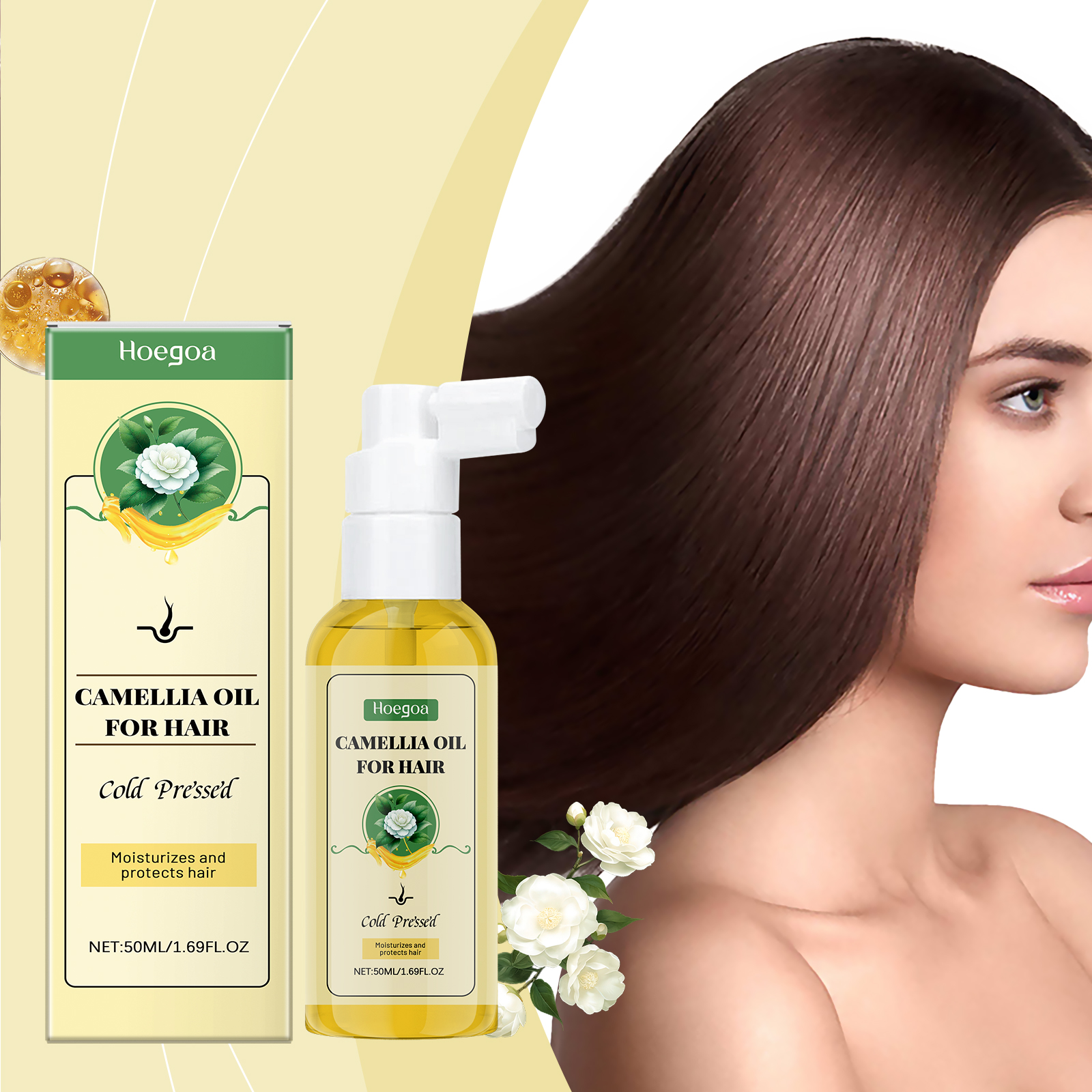 Camellia oil spray beside smooth flowing hair