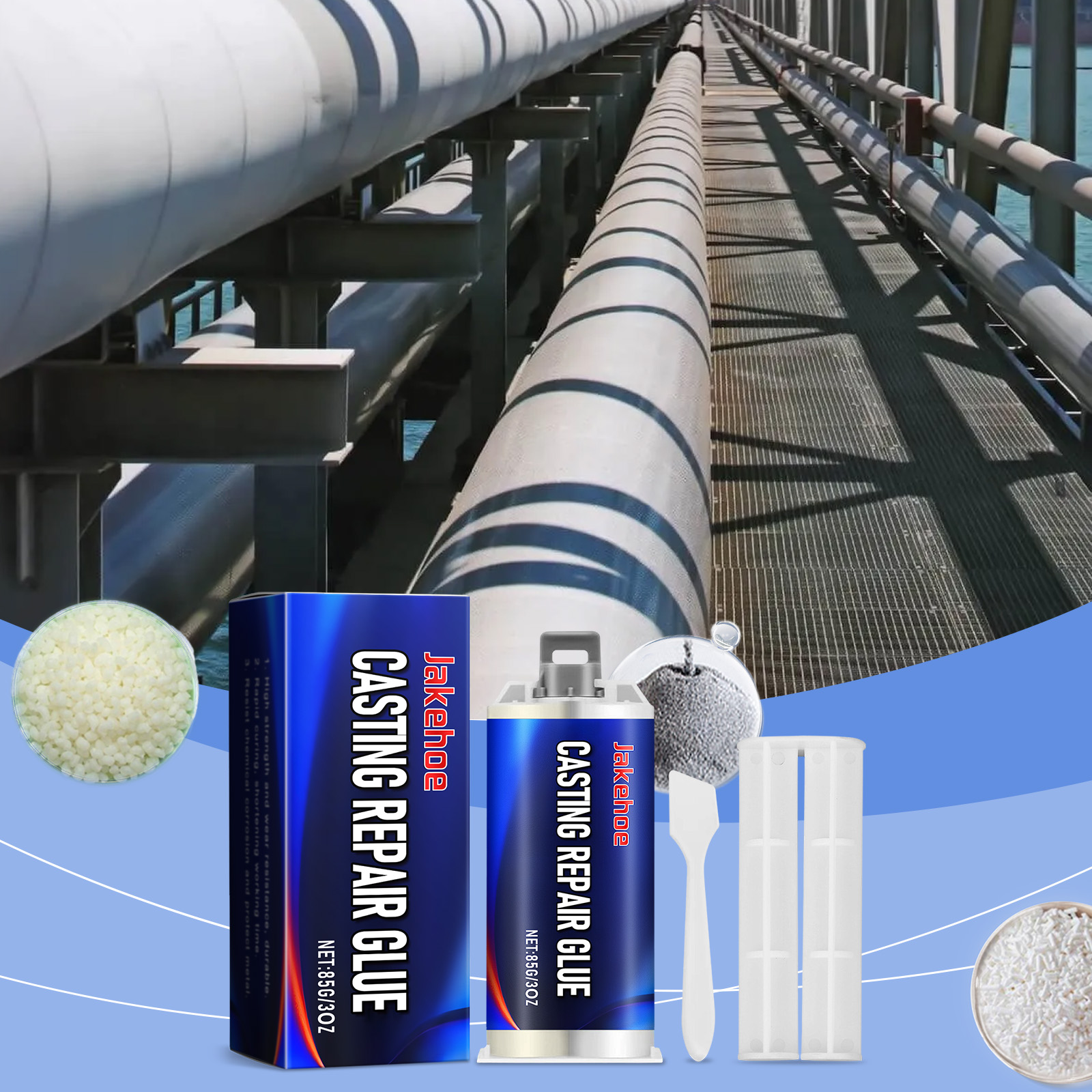 Metal repair adhesive shown in pipeline repair setting