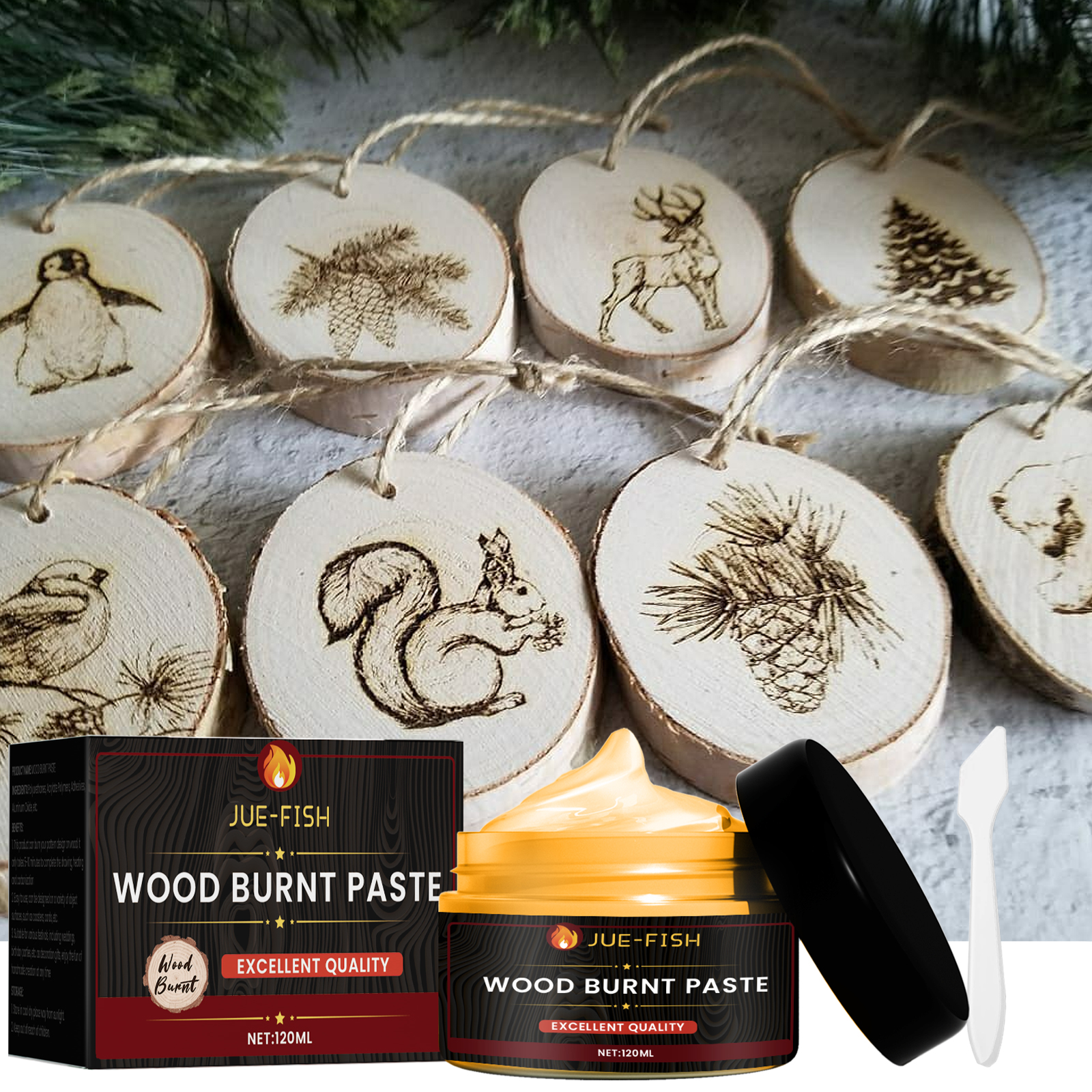 Wood burning paste kit beside seasonal pyrography ornaments