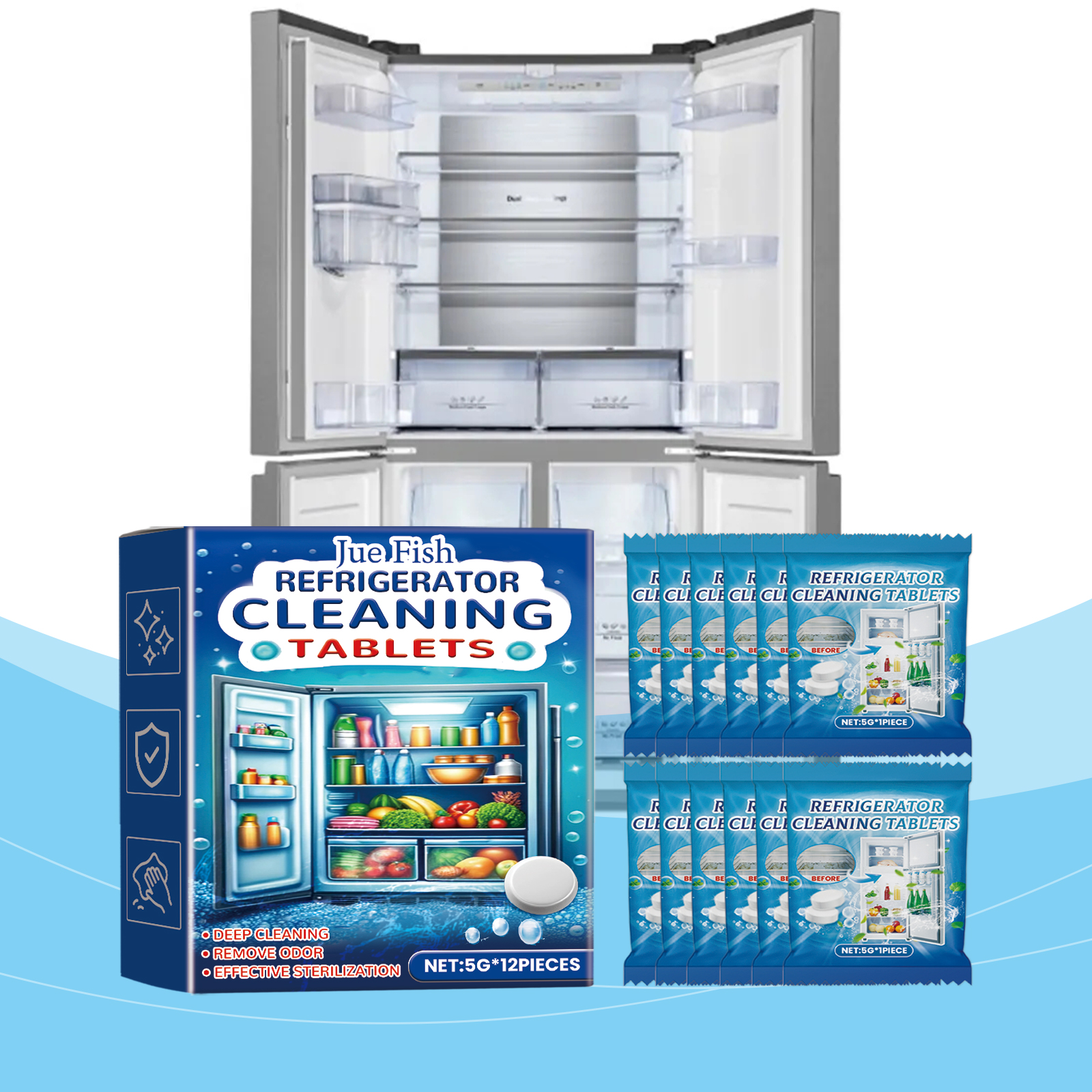Cleaning tablets styled beside an open refrigerator