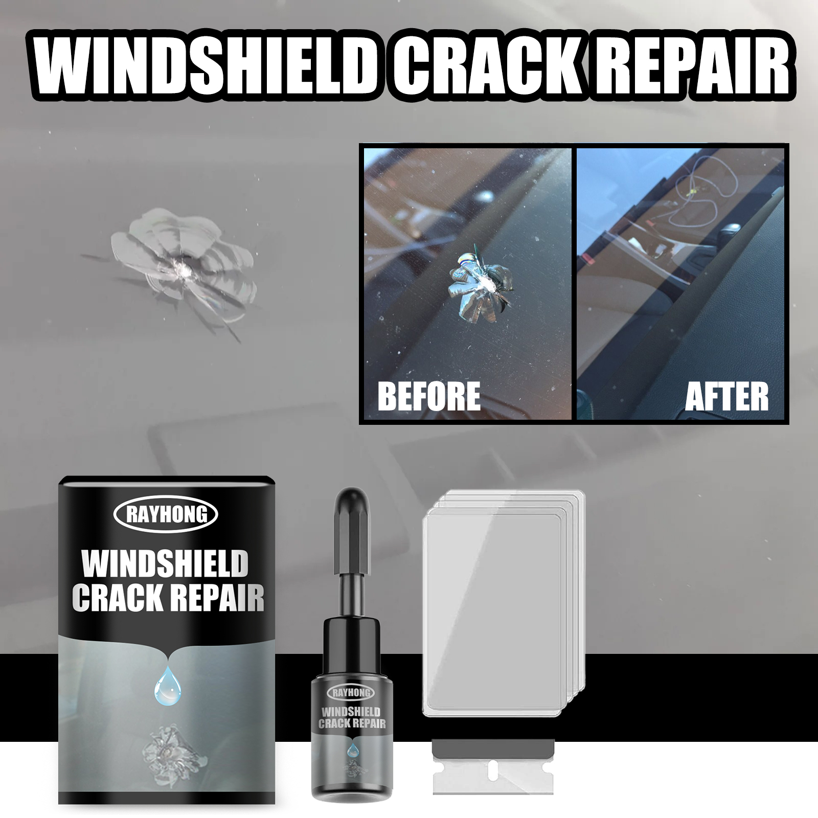 Clear repair film shown with windshield treatment kit