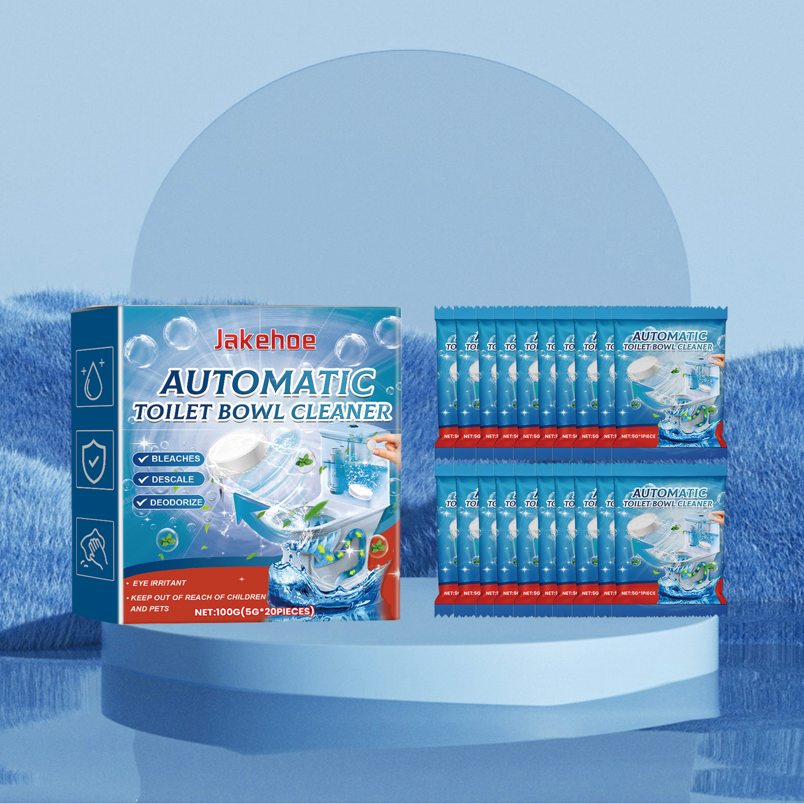 Automatic toilet cleaner box staged for bathroom maintenance