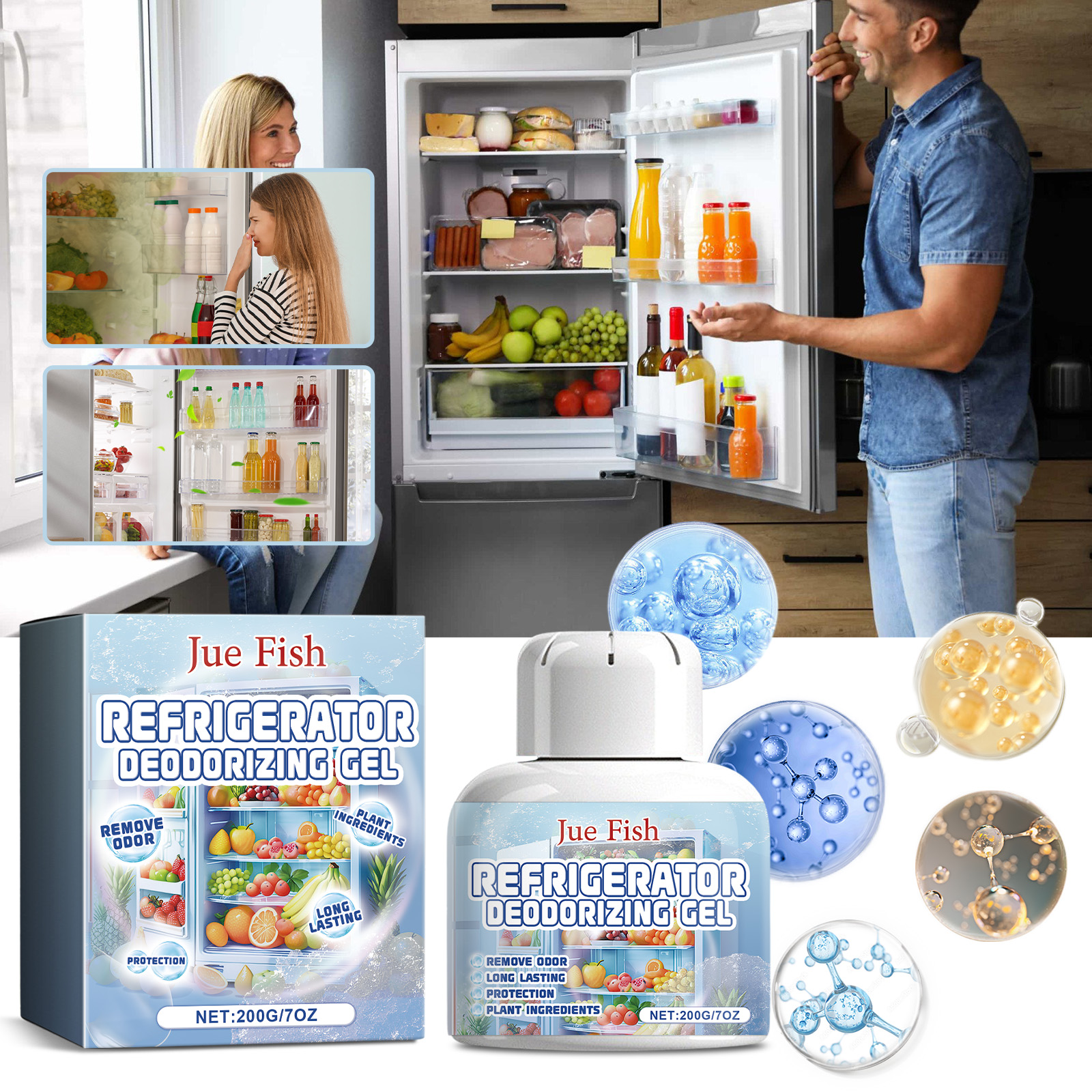 Household organizing food inside an open refrigerator