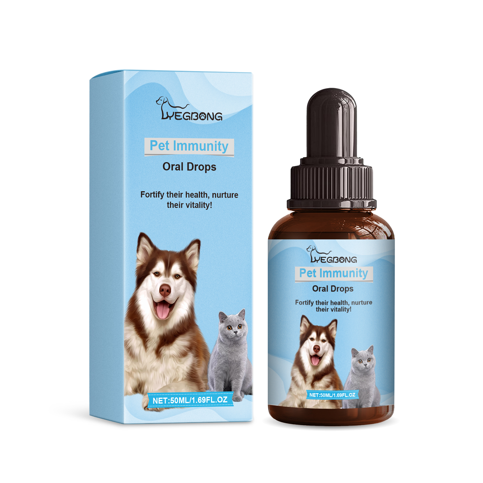 Amber bottle and boxed pet supplement packaging