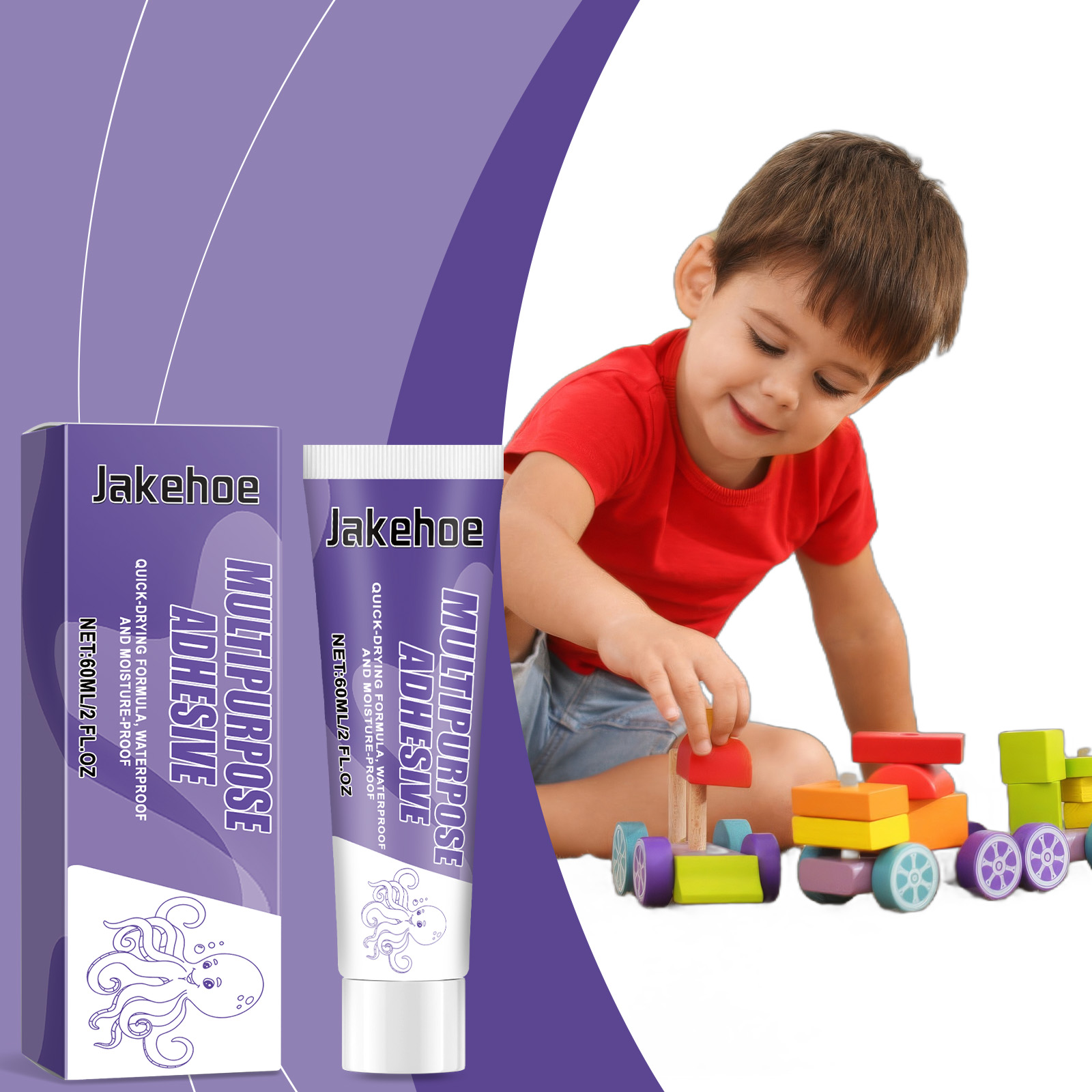 Child assembling colorful toys beside repair adhesive