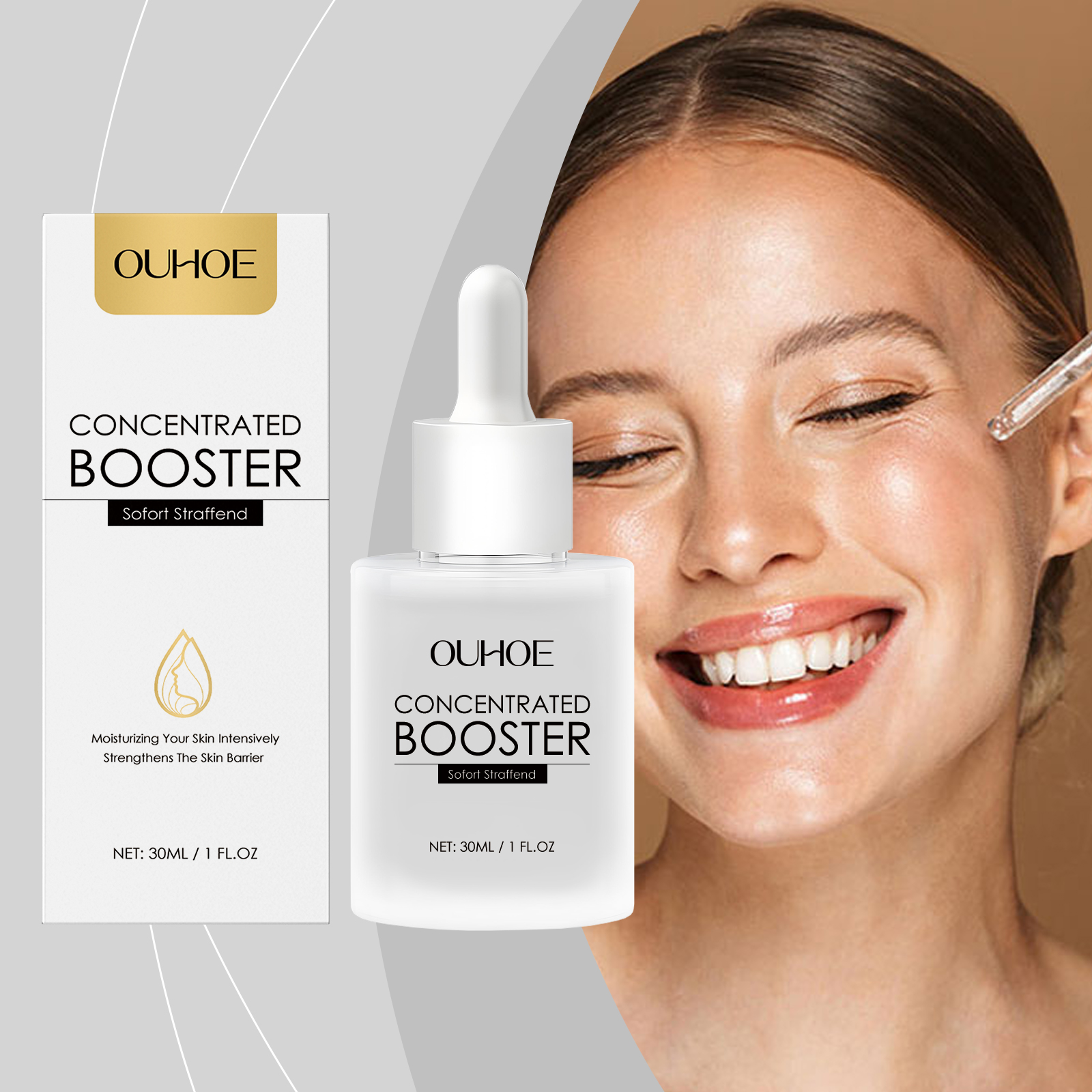 Woman applying lightweight facial essence with dropper