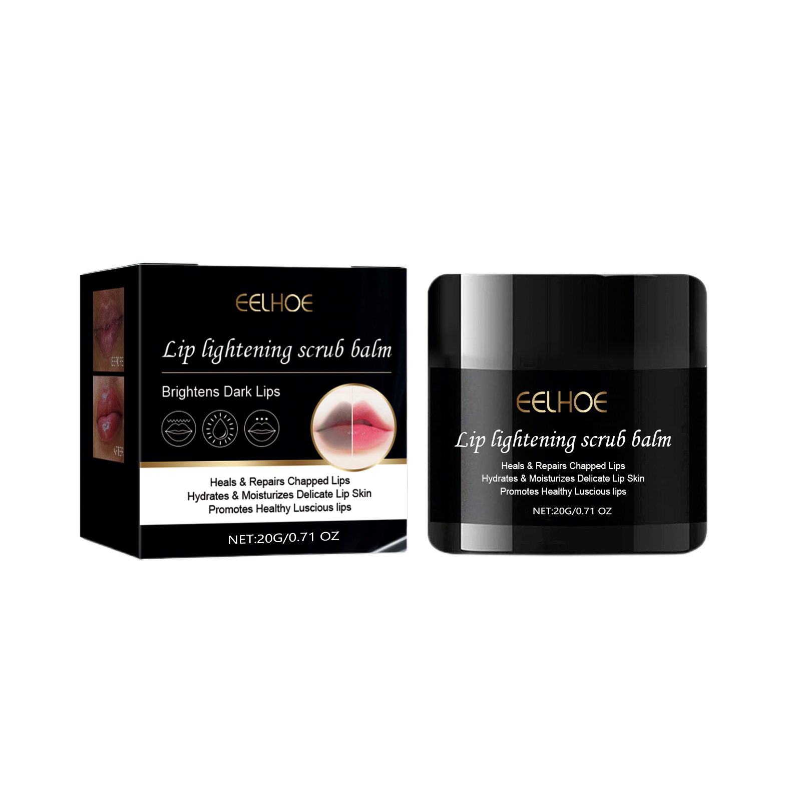 Black cosmetic jar and carton with gold lip-care lettering
