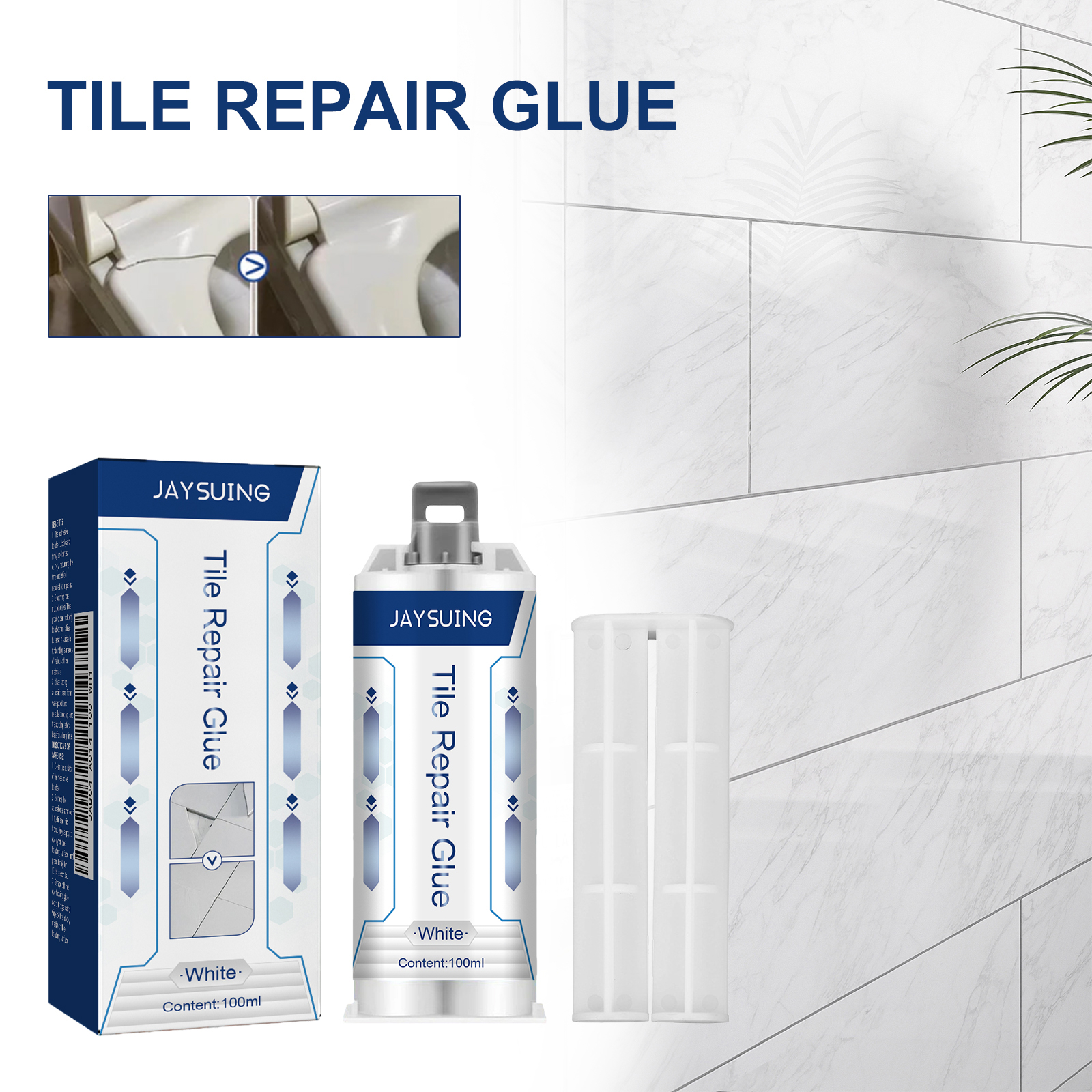 Bathroom tile repair scene with damaged surface comparison