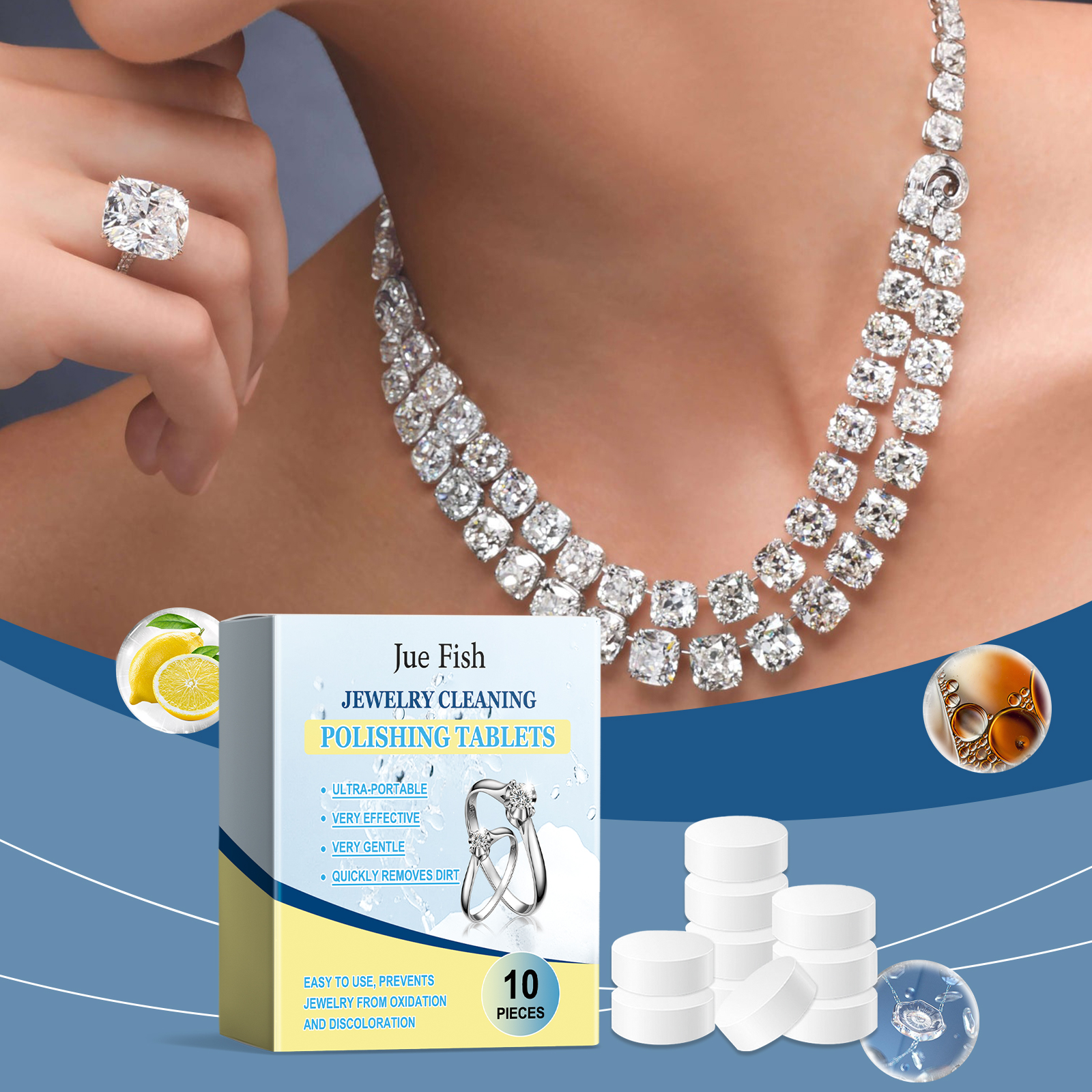 Sparkling ring and necklace shown with jewelry care product