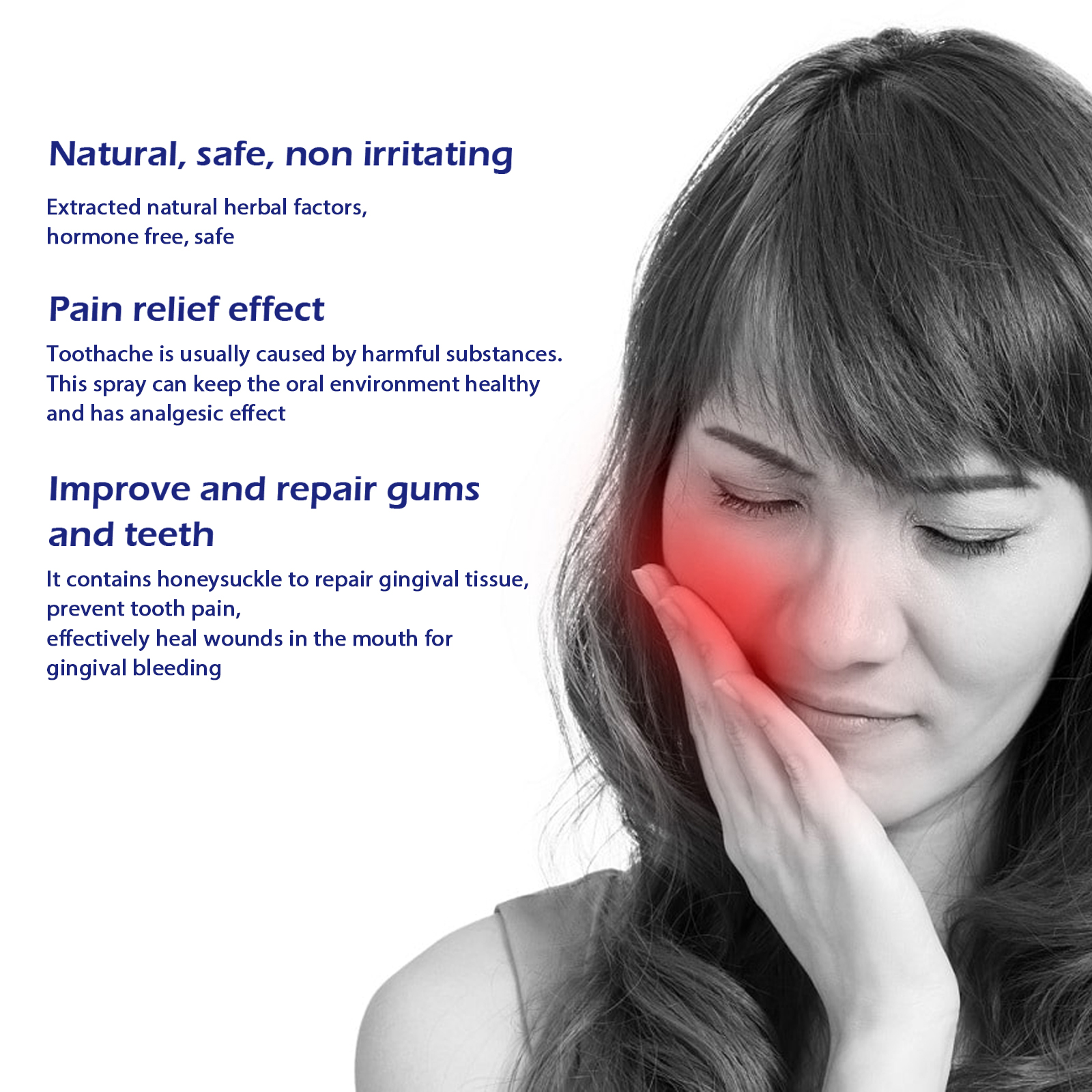 Woman touching cheek beside oral care spray