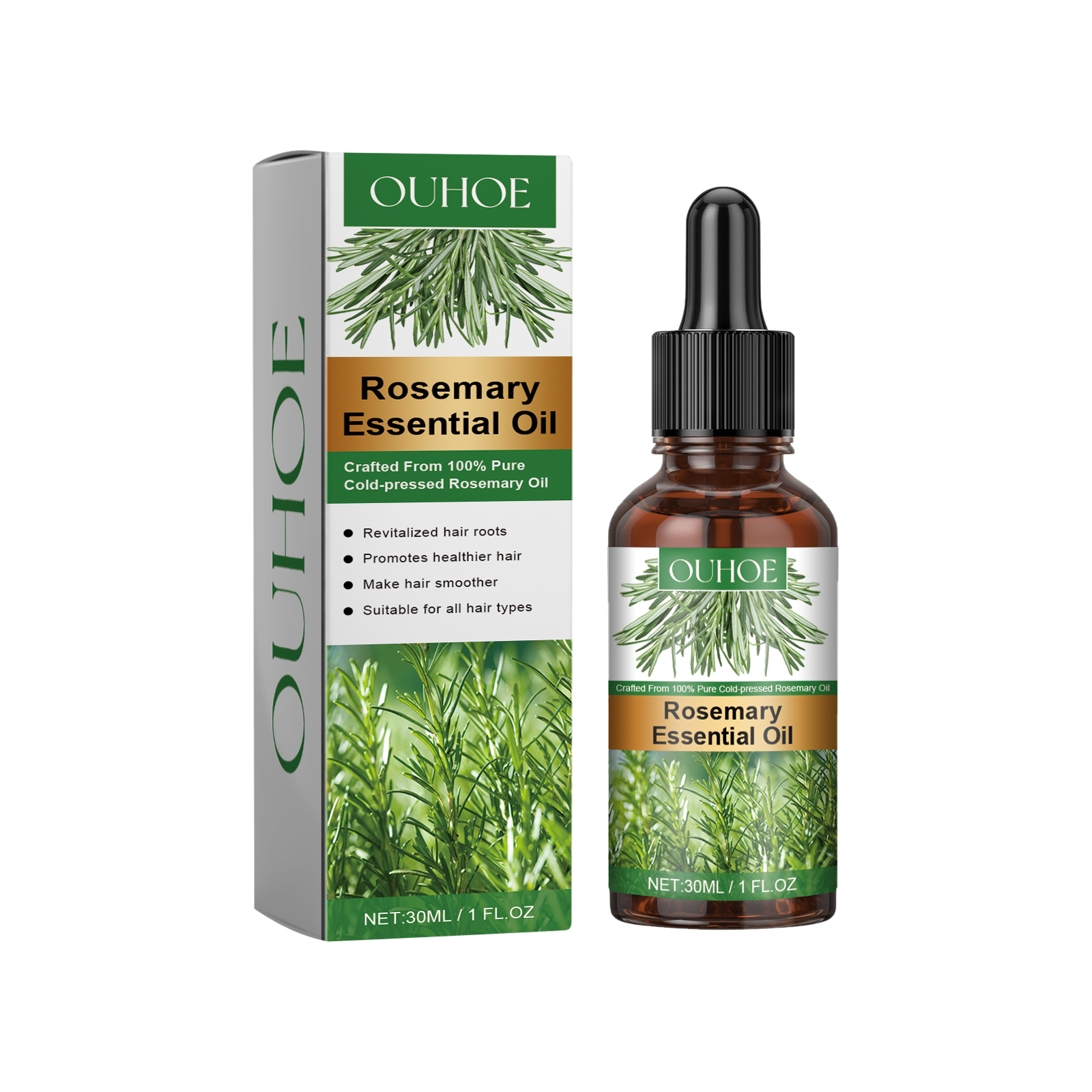 Rosemary oil dropper bottle and matching printed box