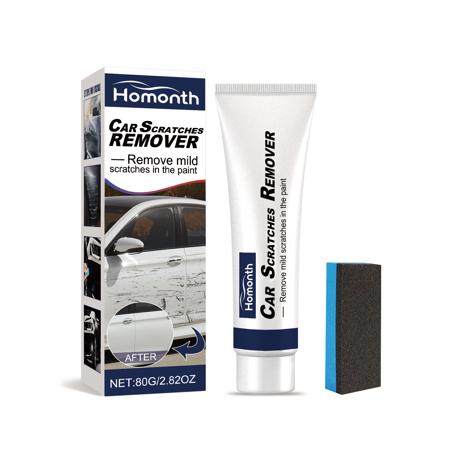 White polishing compound tube and black sponge