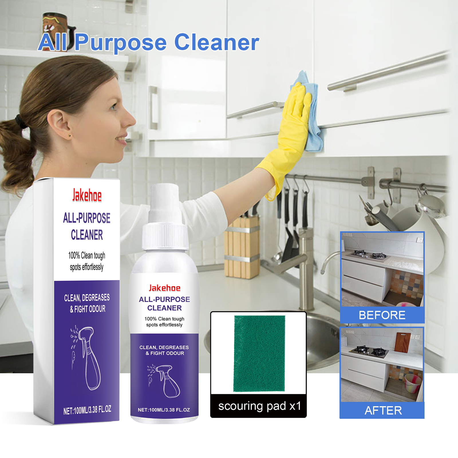 Person spraying and scrubbing kitchen surface
