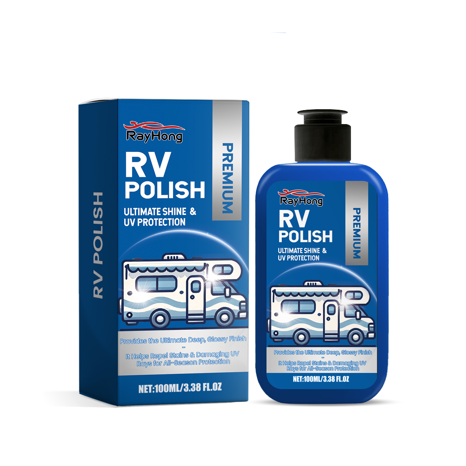 Blue polish packaging showing shine and UV protection claims
