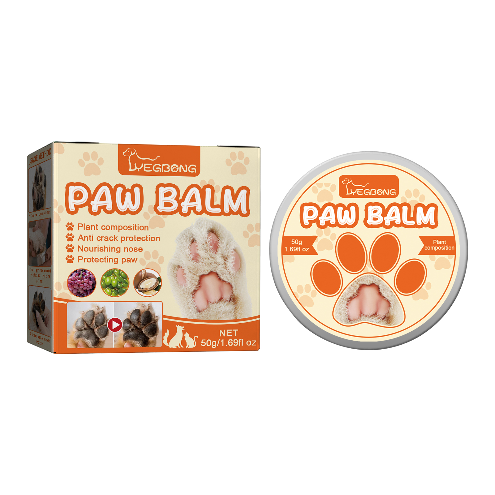 Yegbong balm packaging with paw and nose care claims