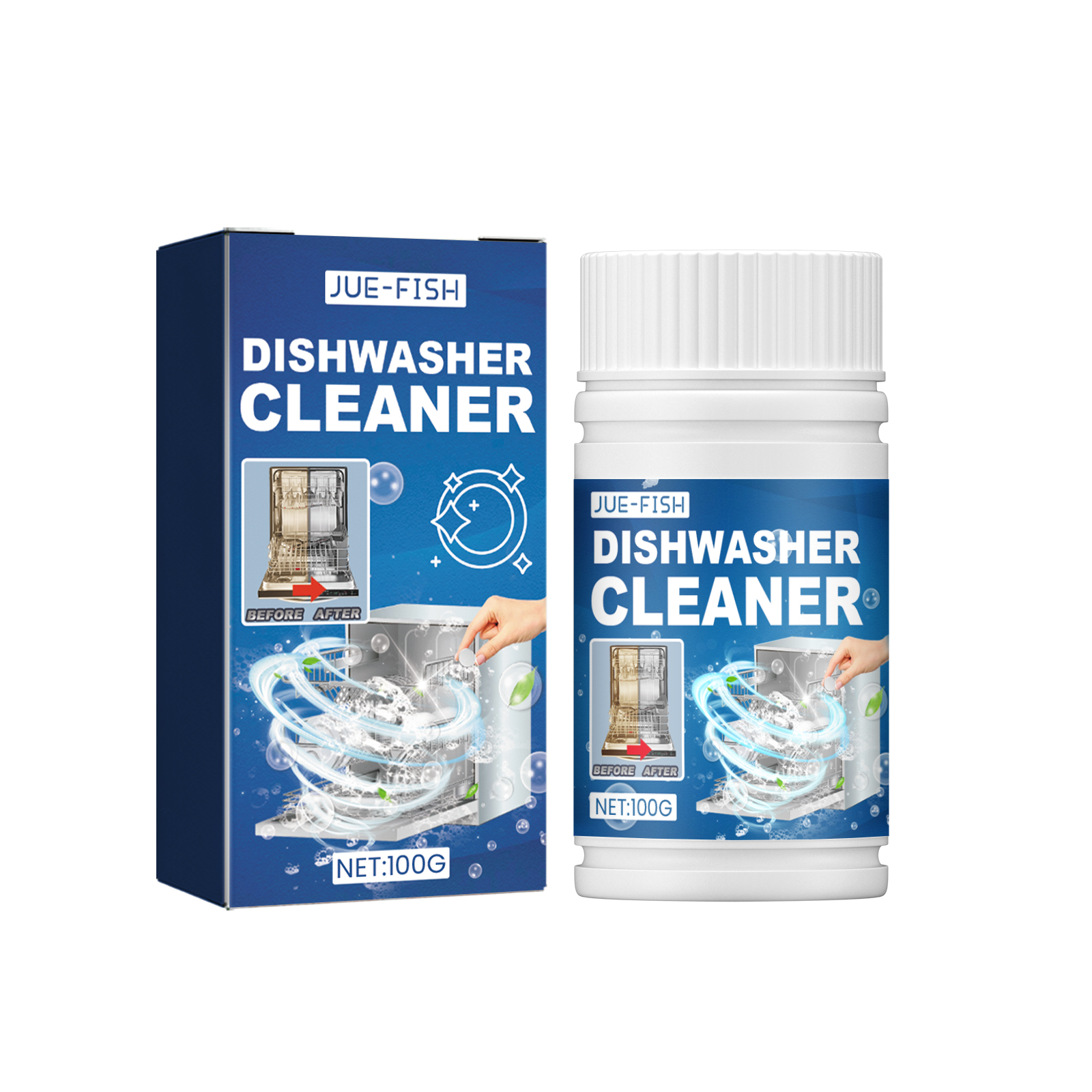 Close view of blue dishwasher cleaner label and carton