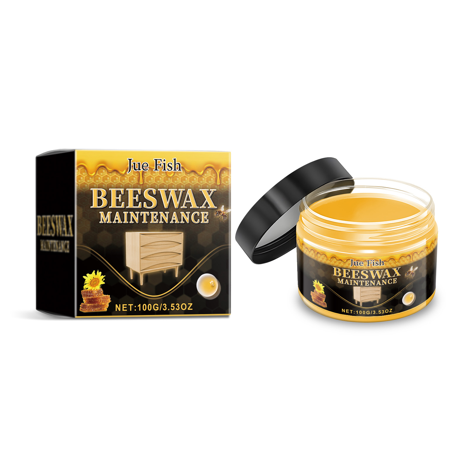 Clear jar of golden beeswax furniture paste