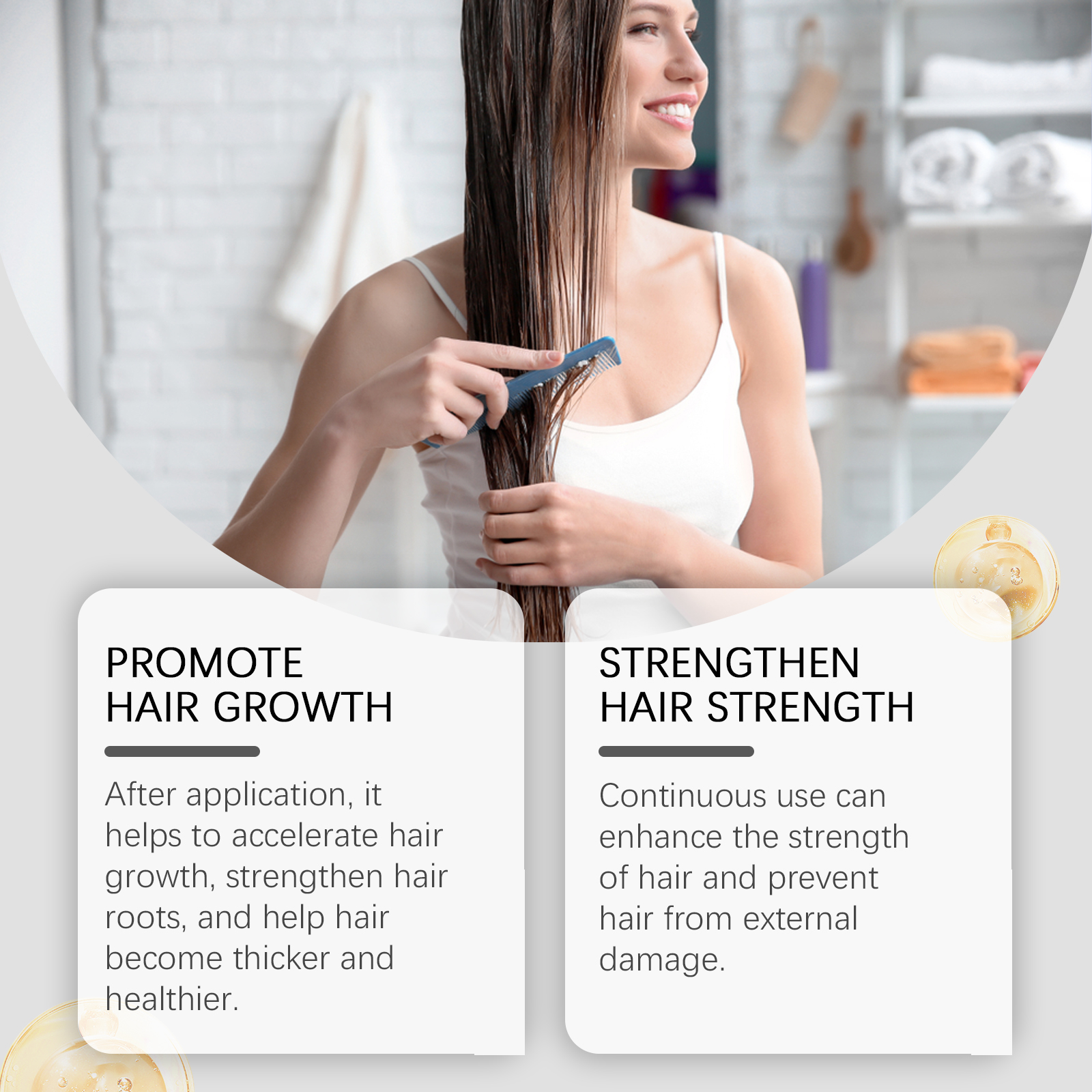 Woman combing wet hair with castor oil benefit text