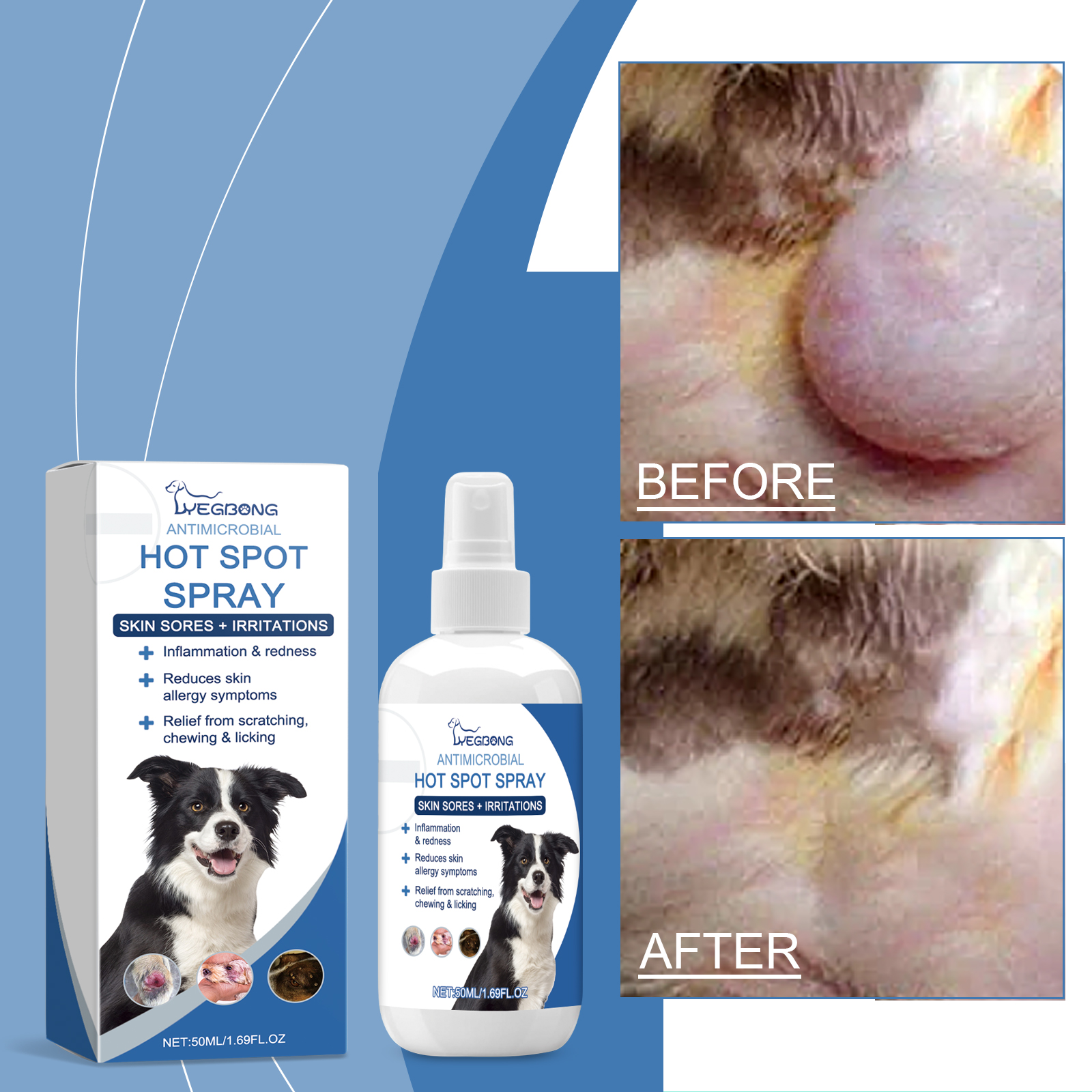 Pet spray beside visible irritated skin comparison panels