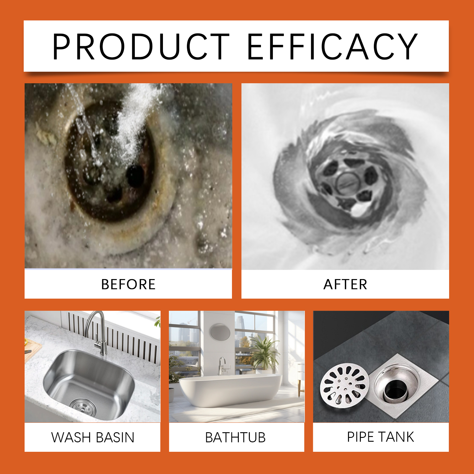 Drain cleaner before and after blocked pipe comparison