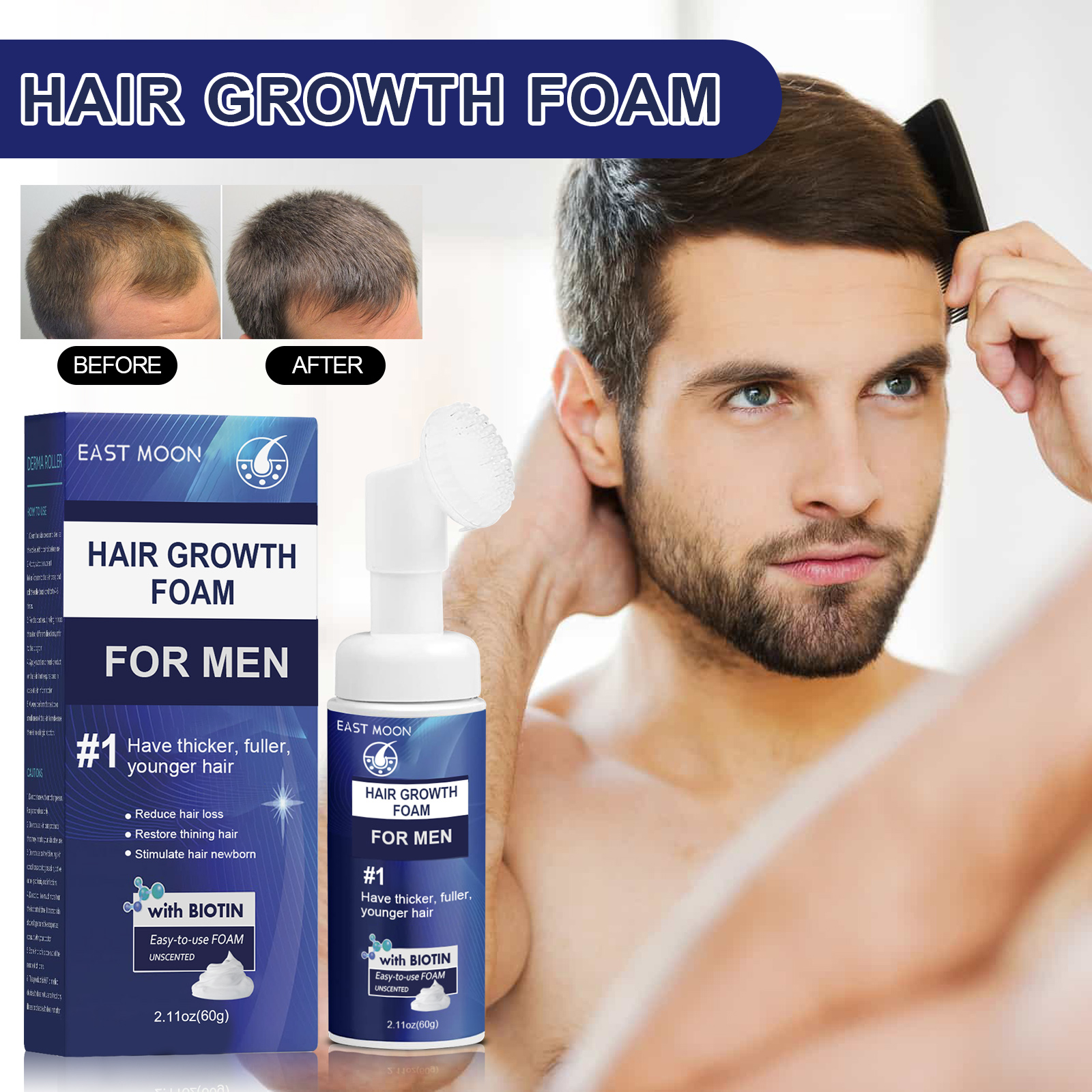 Compact East Moon bottle beside daily grooming items