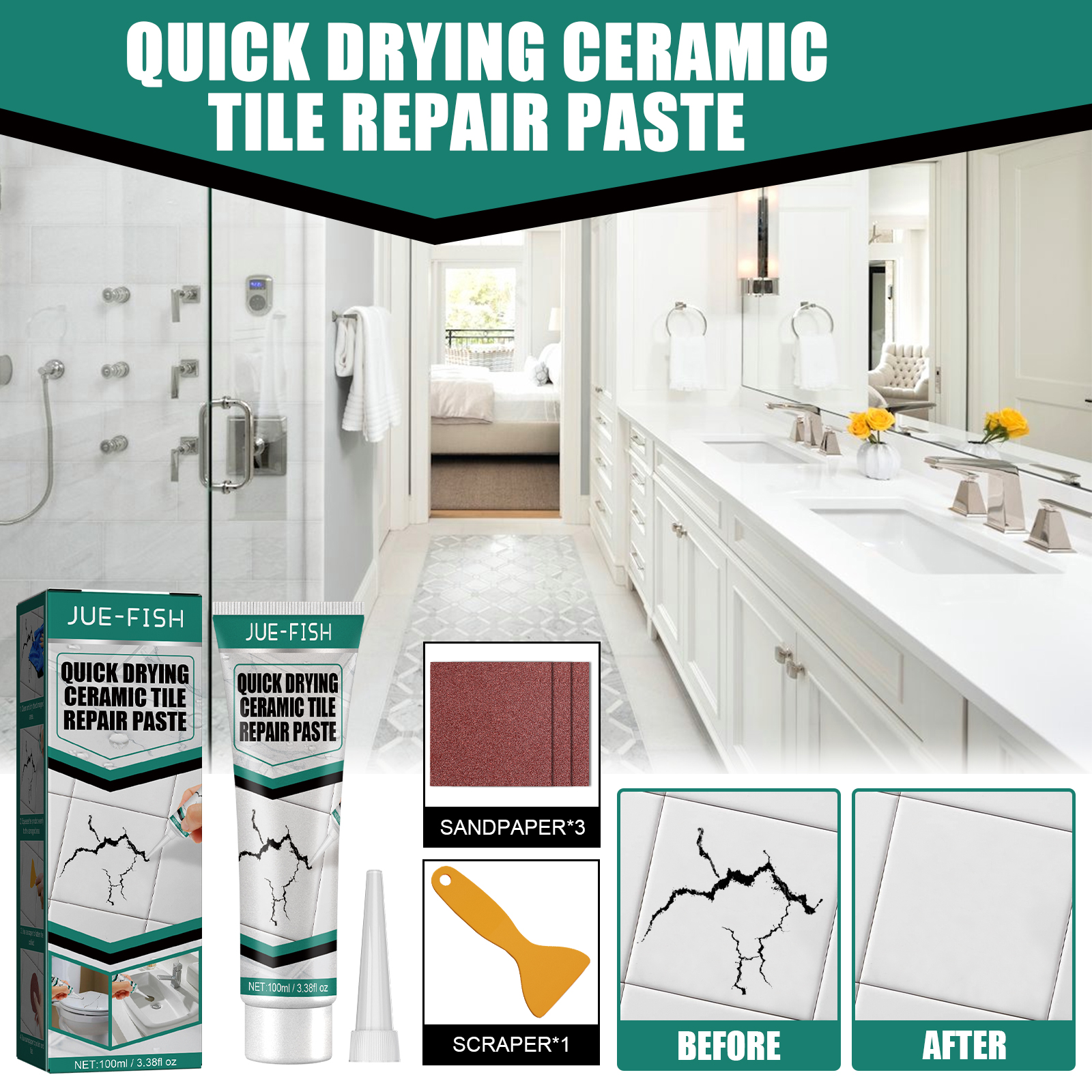 Precision nozzle dispensing repair paste into sink crack