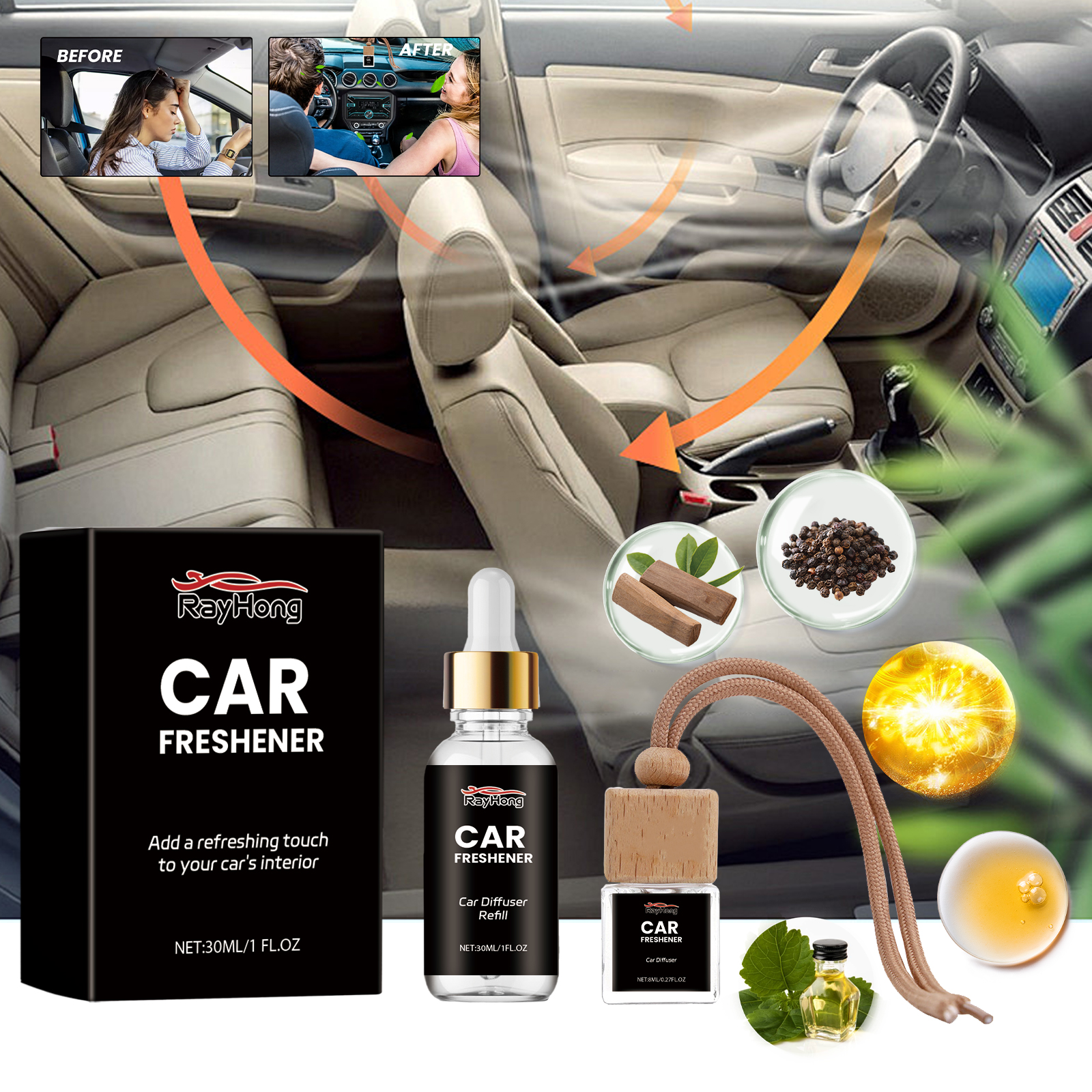 Hanging car fragrance diffuser shown across vehicle cabin