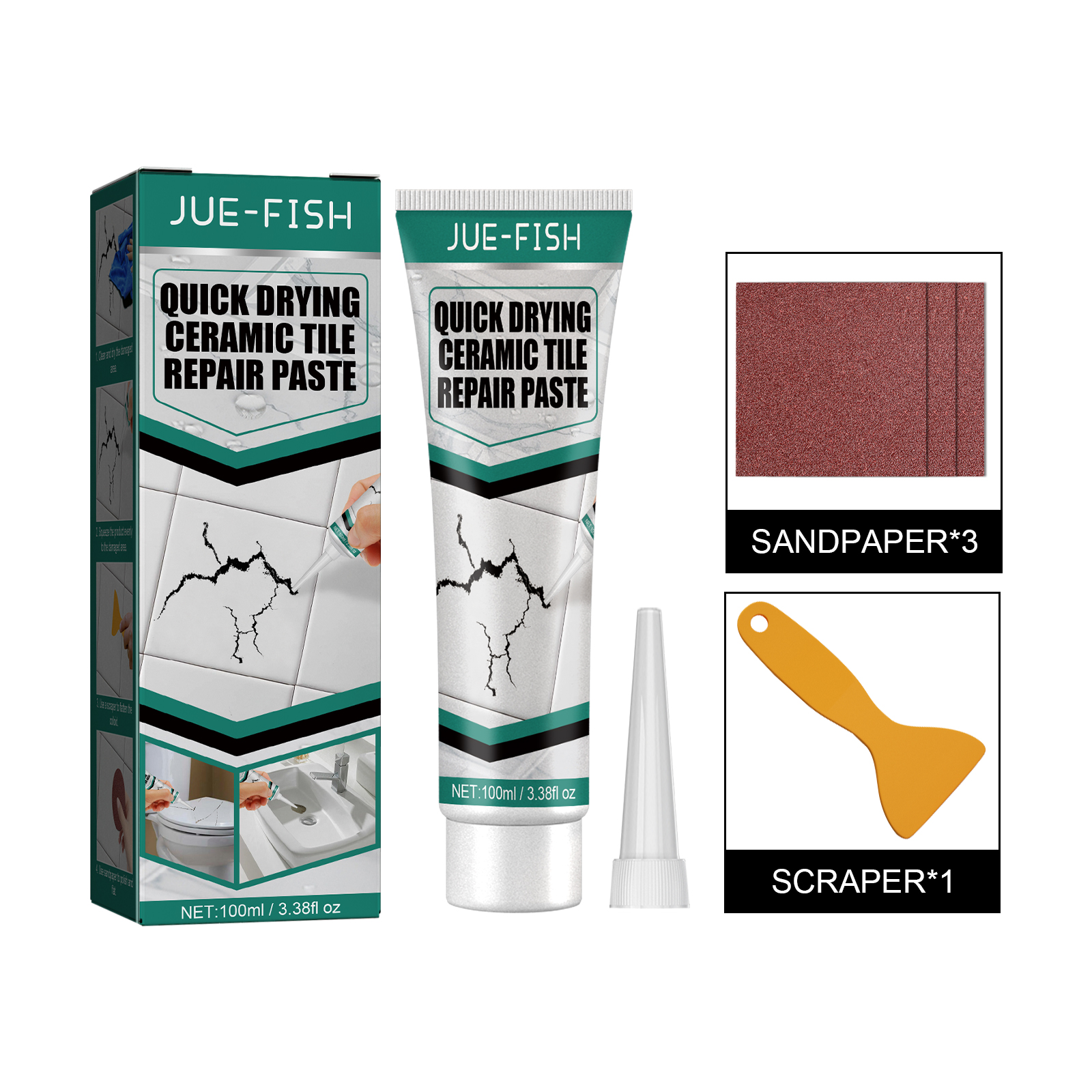 Repair paste accessories shown beside bathroom tile