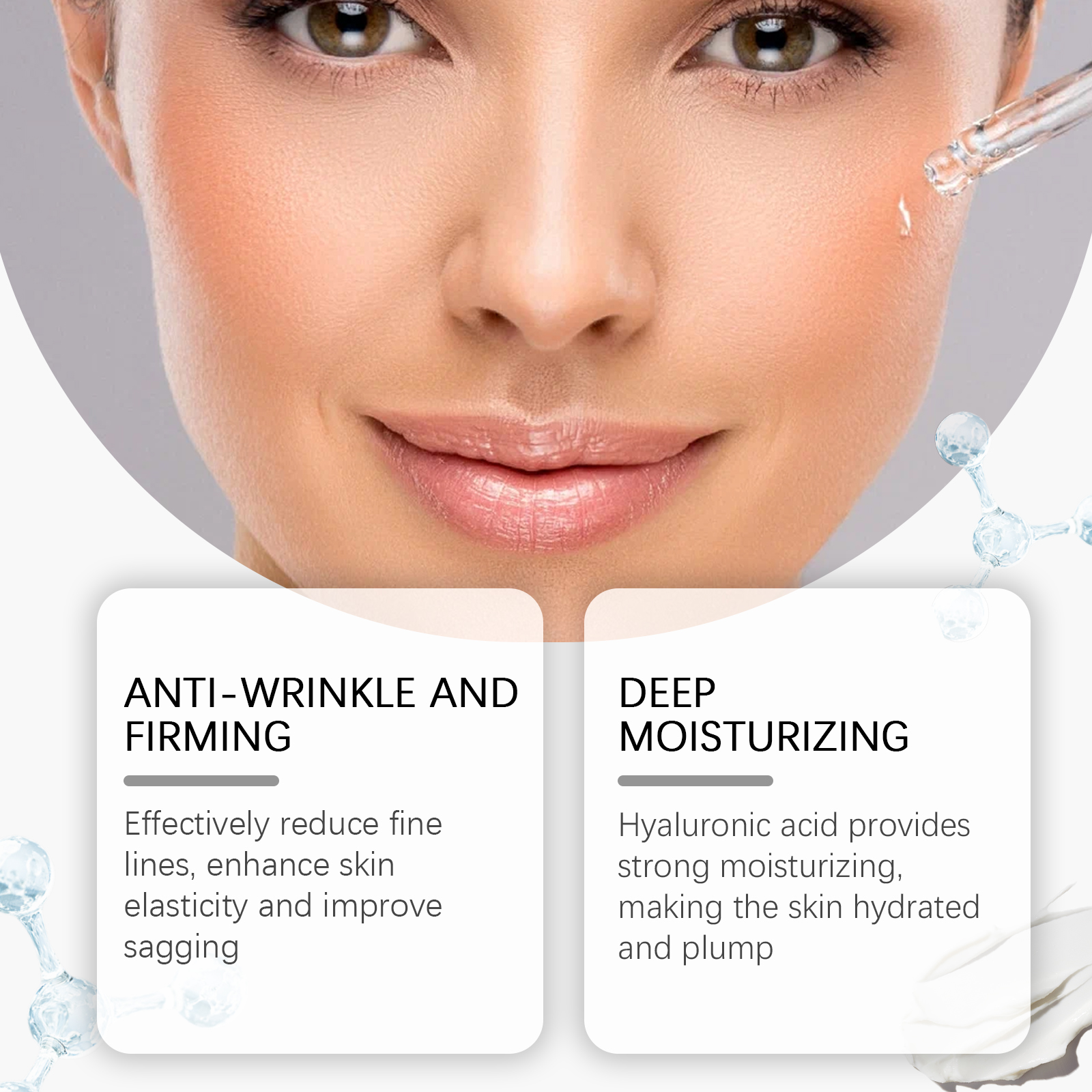 Dropper applying facial essence to cheek